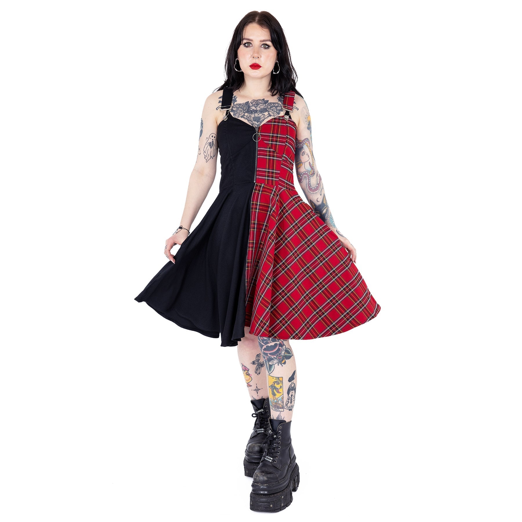 Heartless Dione Dress Black Red Tartan Gothic Punk Skater Dress - Rockinredfox