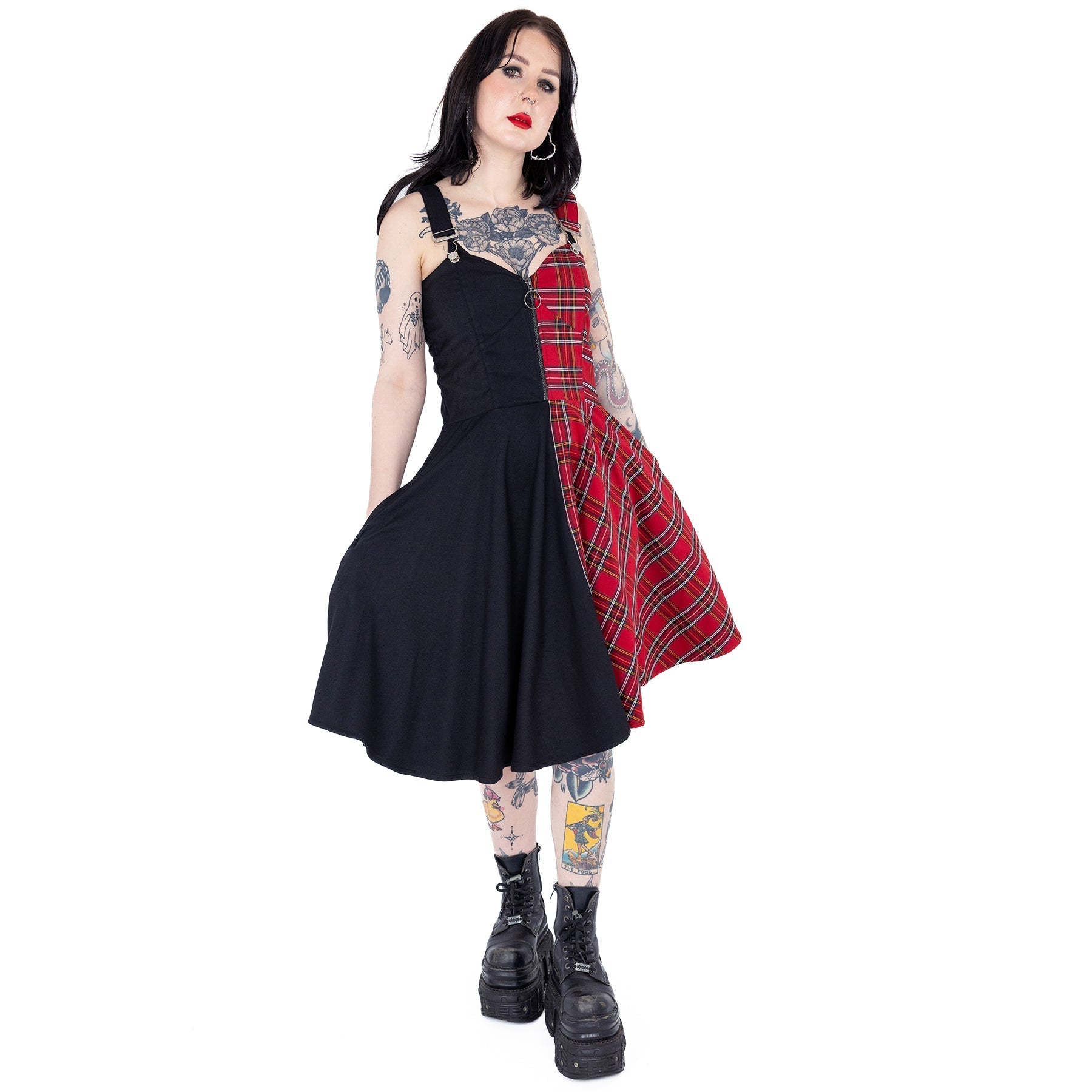 Heartless Dione Dress Black Red Tartan Gothic Punk Skater Dress - Rockinredfox