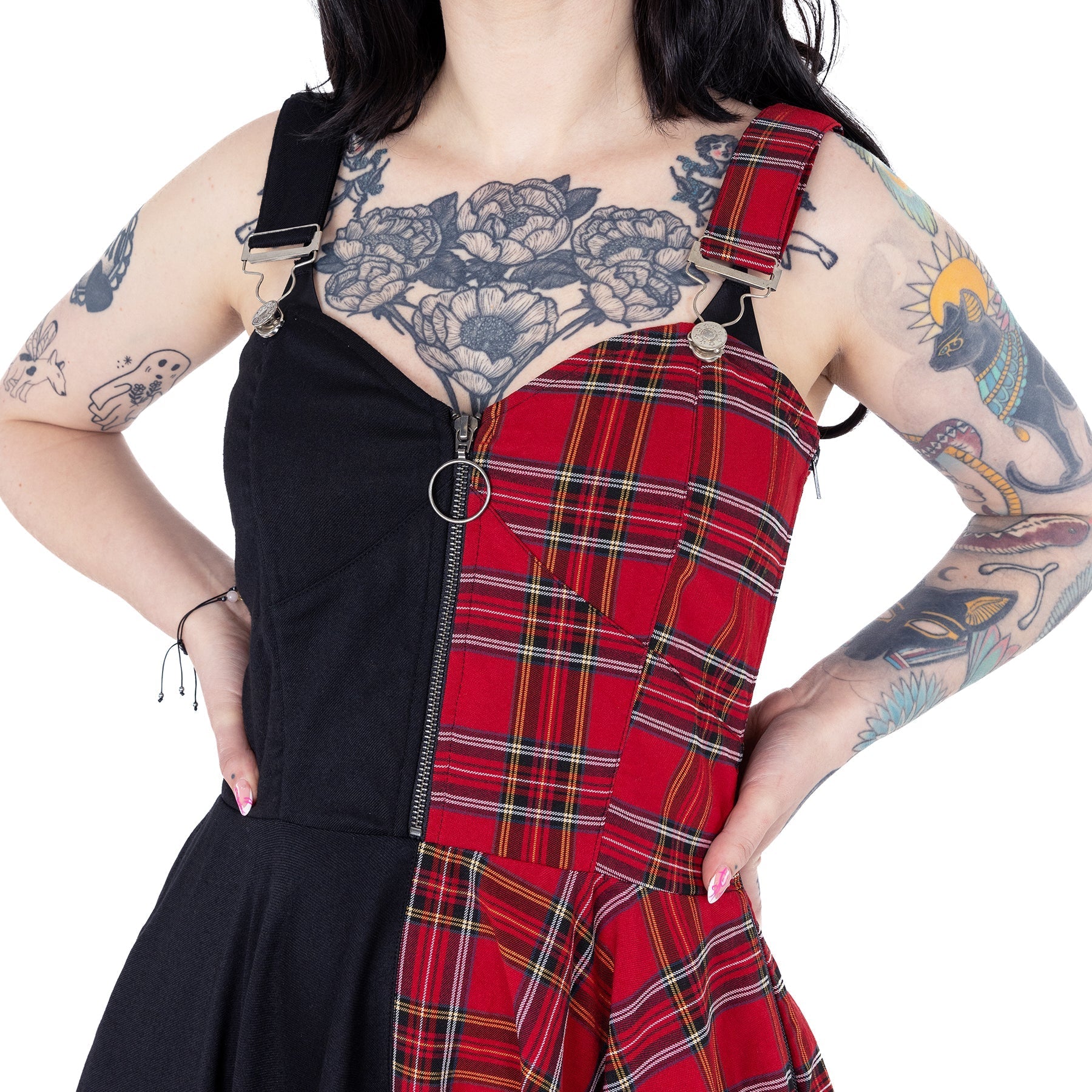Heartless Dione Dress Black Red Tartan Gothic Punk Skater Dress - Rockinredfox