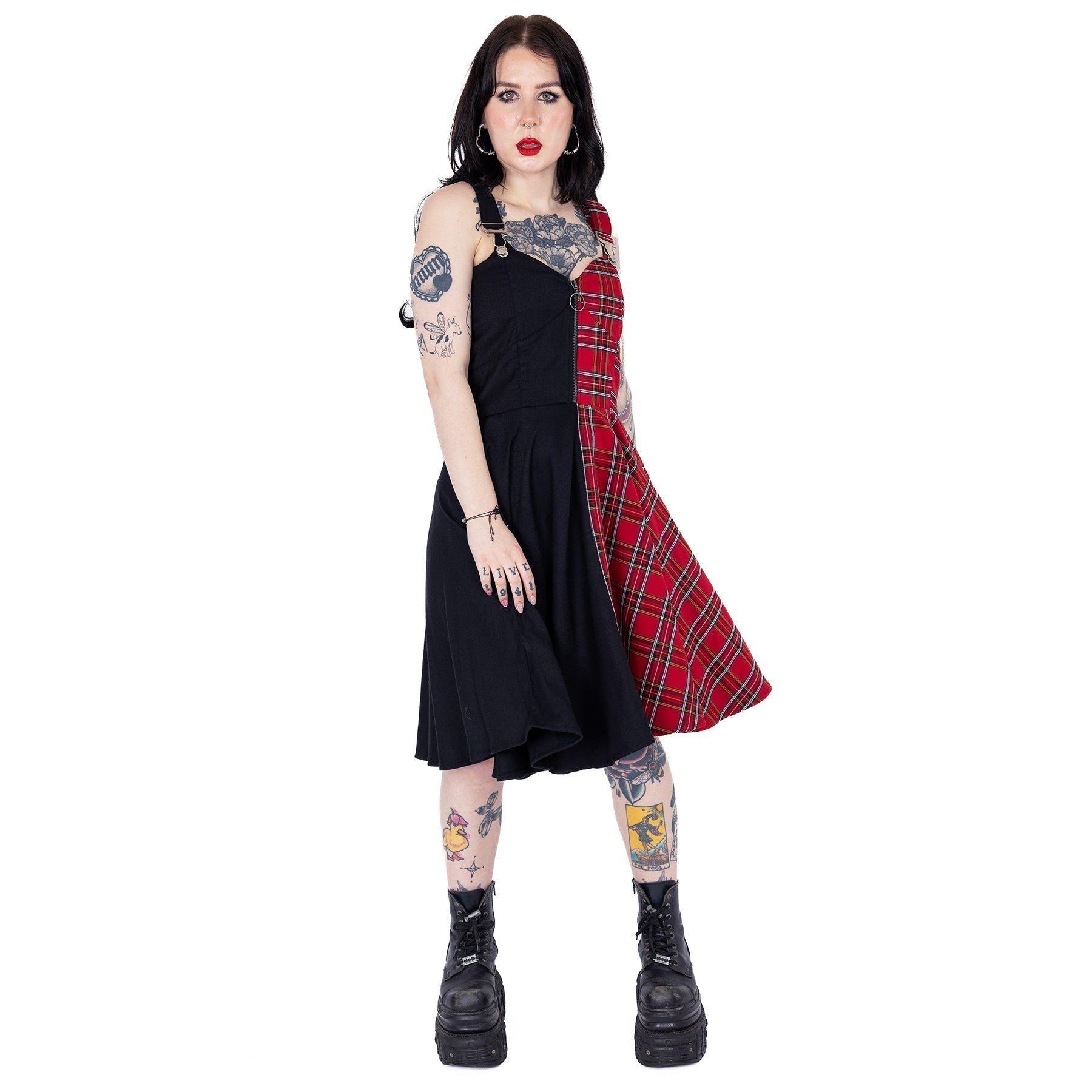Heartless Dione Dress Black Red Tartan Gothic Punk Skater Dress - Rockinredfox