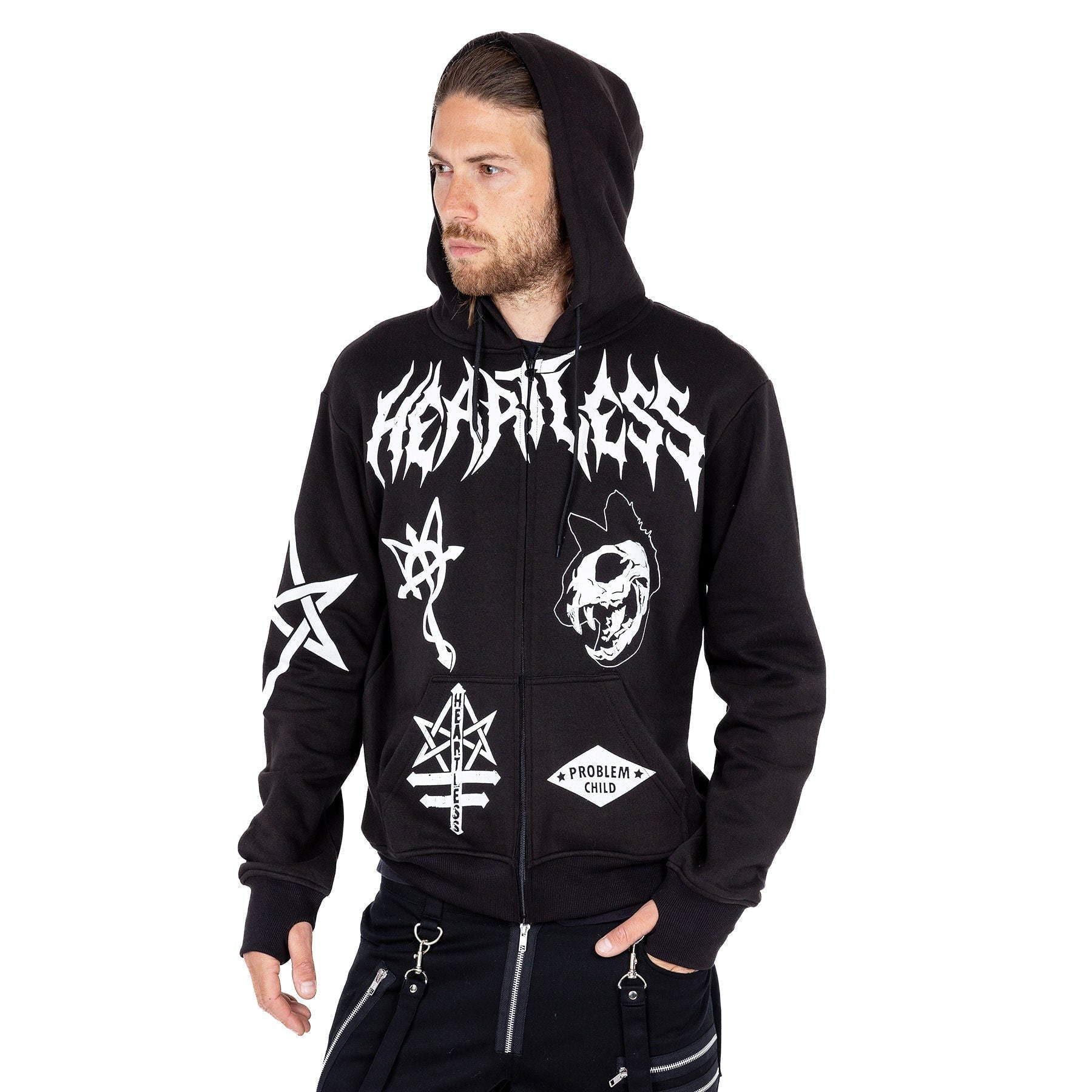 Heartless Don’t Follow Hood – Men’s Black Gothic Zip Hoodie | Alternative Skeleton Streetwear - Rockinredfox