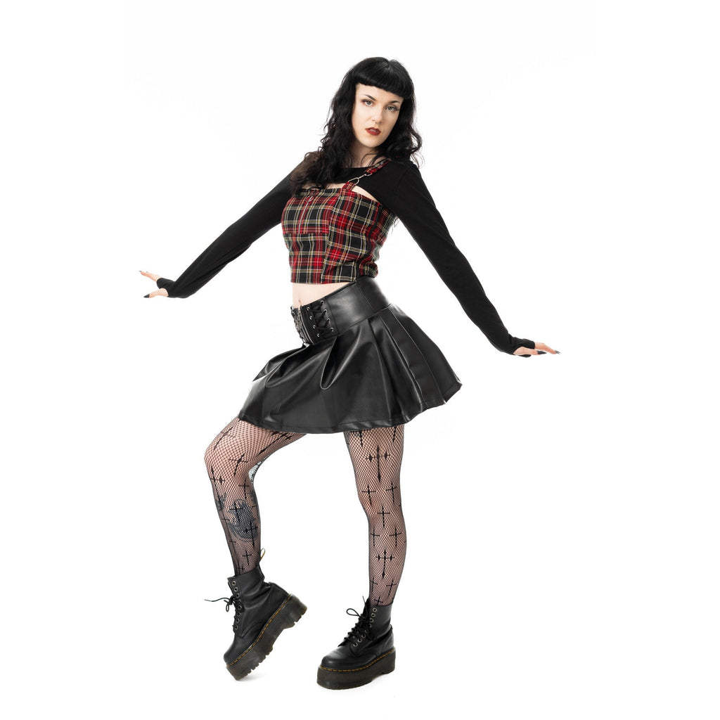 Heartless Ebbani Skirt Black PVC Gothic Pleated Mini Skirt Lace Up Waist Alt - Rockinredfox