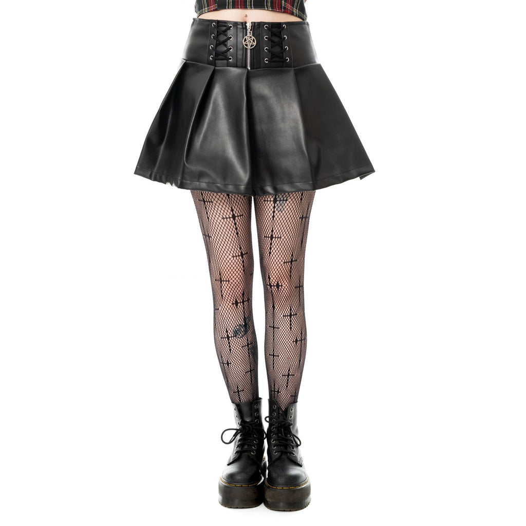 Heartless Ebbani Skirt Black PVC Gothic Pleated Mini Skirt Lace Up Waist Alt - Rockinredfox