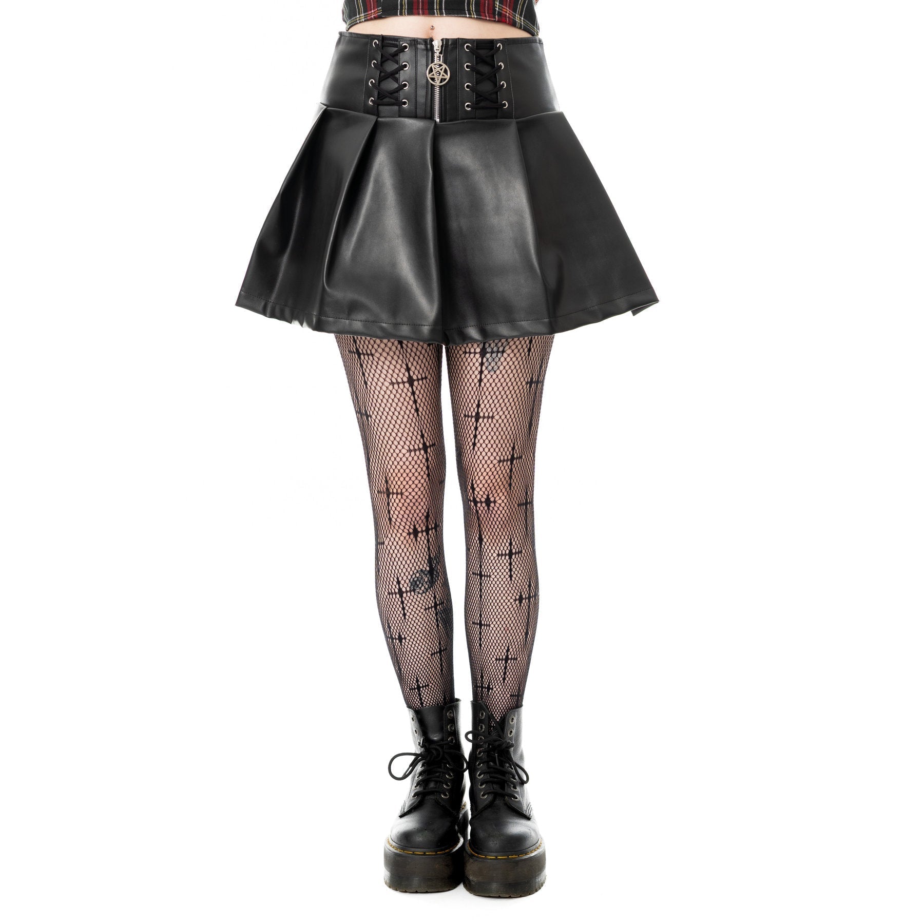 Heartless Ebbani Skirt Black PVC Gothic Pleated Mini Skirt Lace Up Waist Alt - Rockinredfox