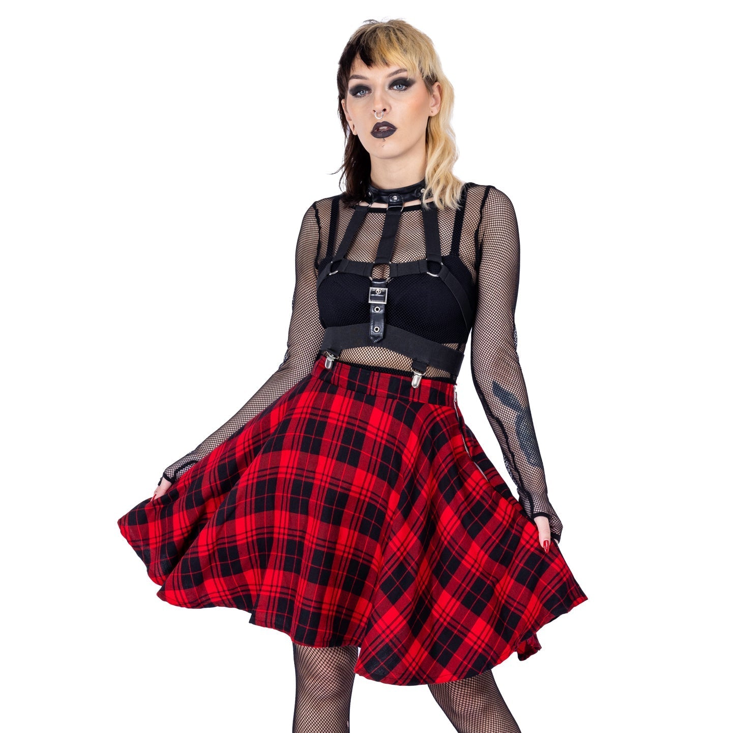 Heartless Elrene Skirt – Red Tartan Gothic Skater Skirt with Detachable Harness | Punk Alternative Skirt - Rockinredfox