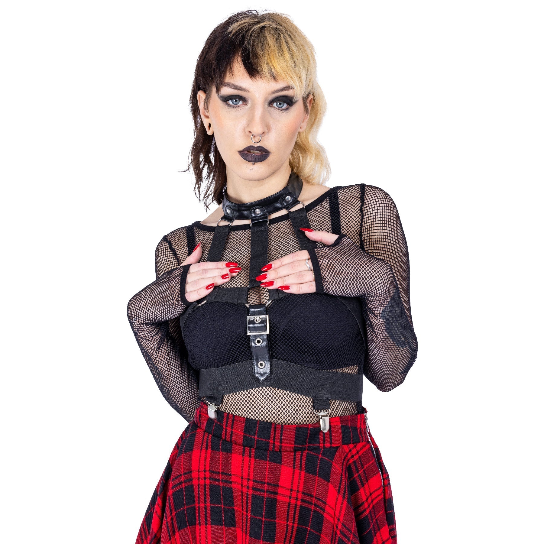 Heartless Elrene Skirt – Red Tartan Gothic Skater Skirt with Detachable Harness | Punk Alternative Skirt - Rockinredfox