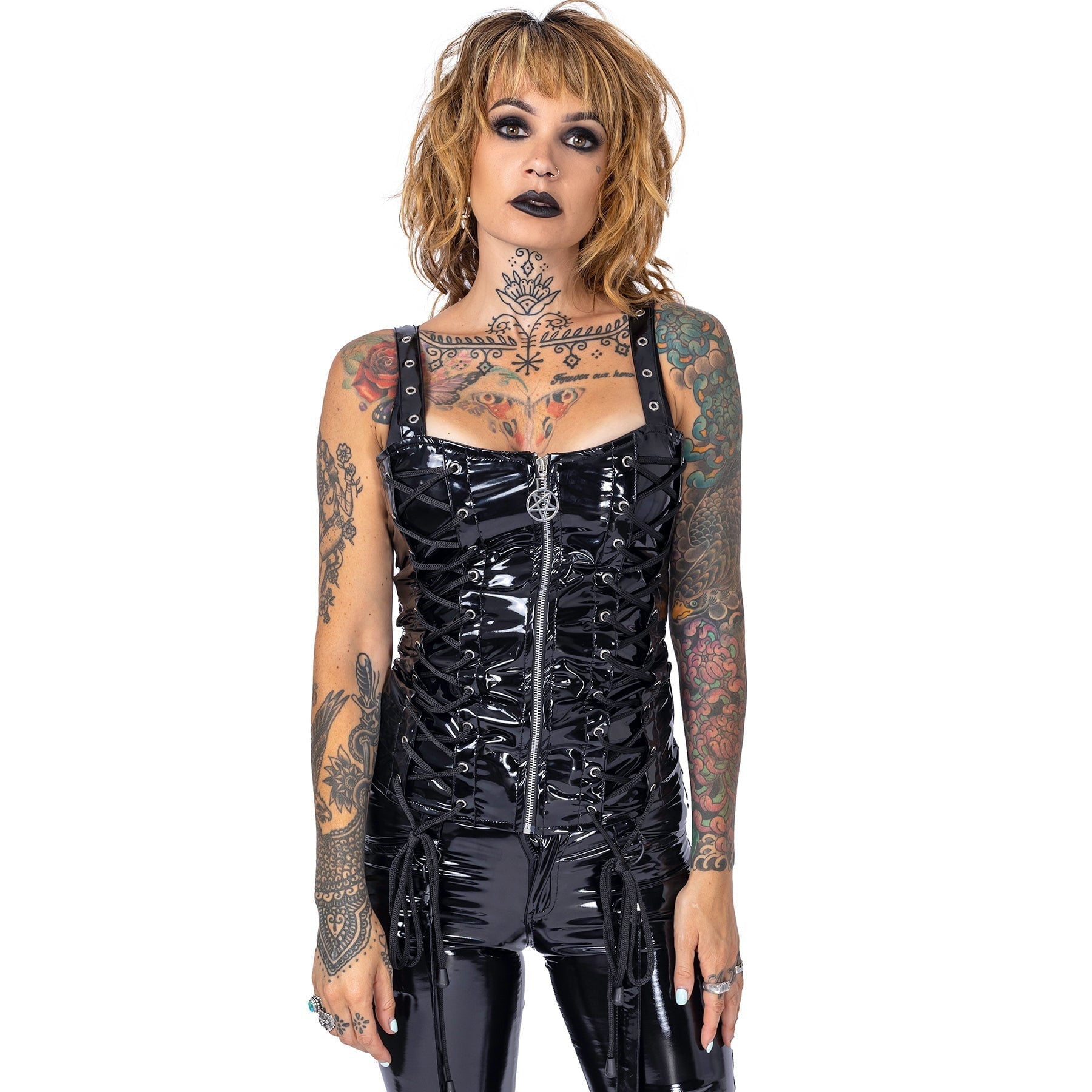 Heartless Evilene PVC Lace - Up Corset Top – Black Gothic Alternative Top - Rockinredfox