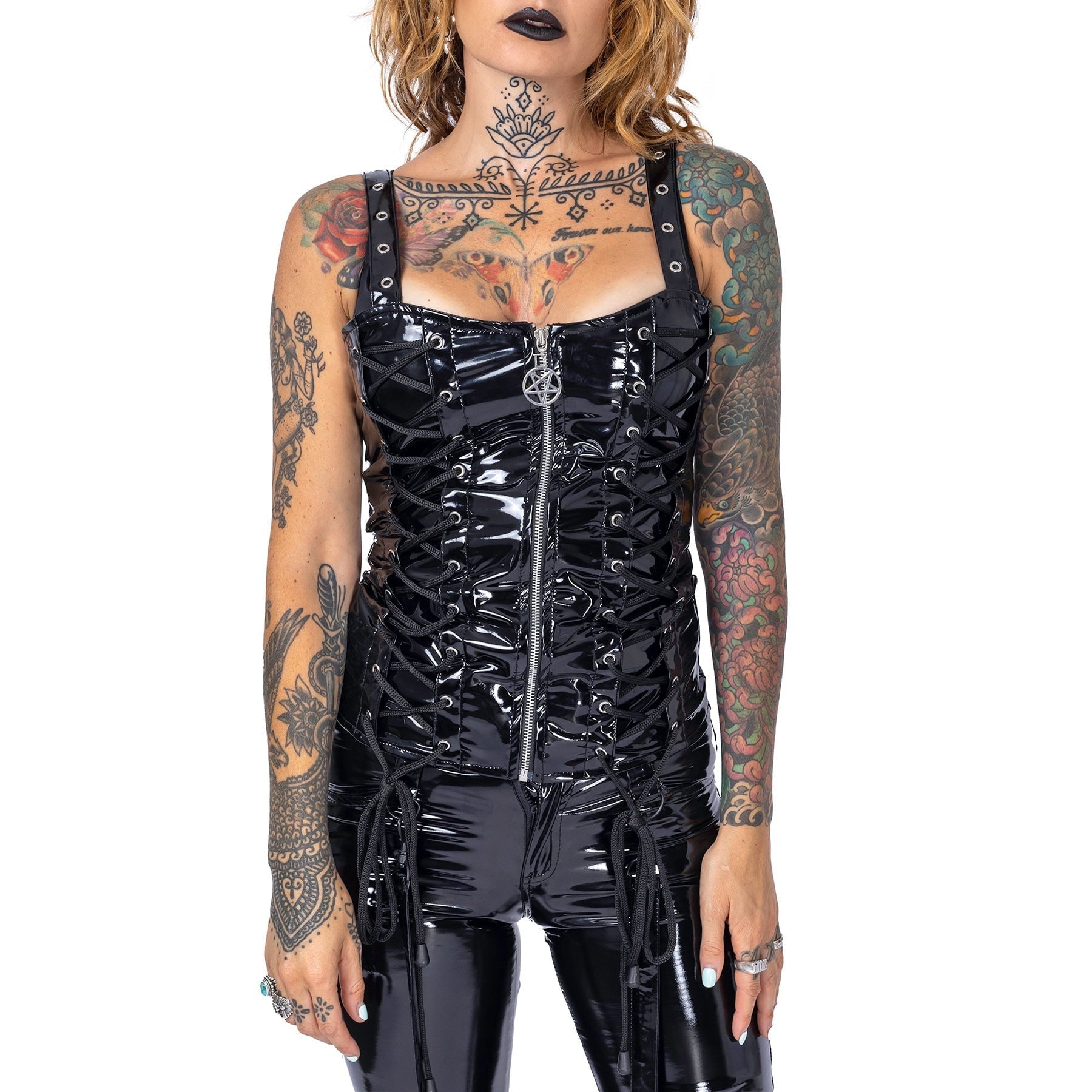 Heartless Evilene PVC Lace - Up Corset Top – Black Gothic Alternative Top - Rockinredfox