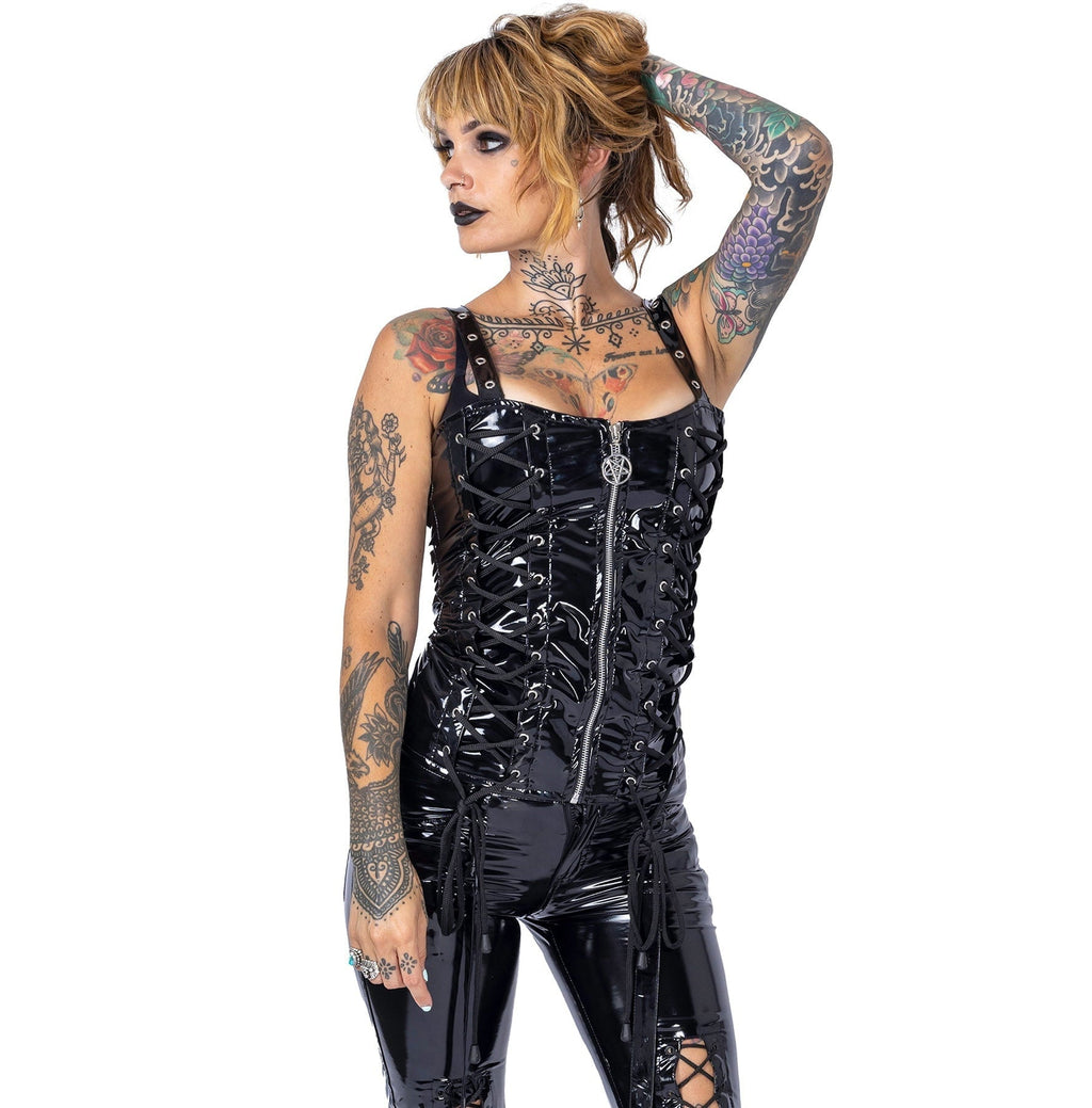 Heartless Evilene PVC Lace - Up Corset Top – Black Gothic Alternative Top - Rockinredfox