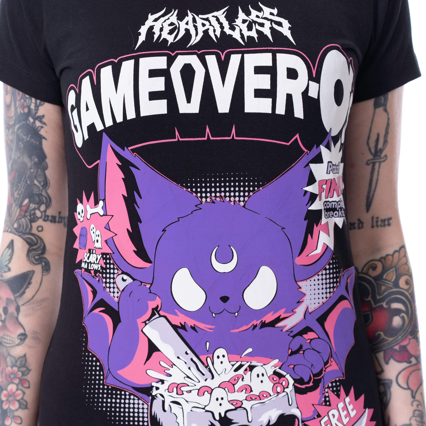 Heartless Game Over O’s T-Shirt – Black Gothic Cat Graphic Tee | Alternative Streetwear - Rockinredfox