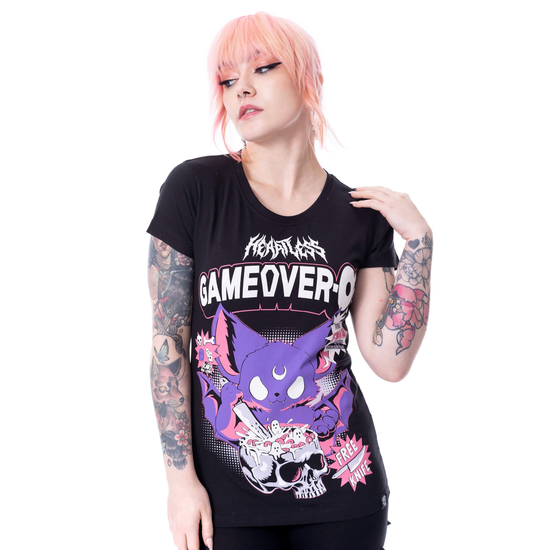 Heartless Game Over O’s T-Shirt – Black Gothic Cat Graphic Tee | Alternative Streetwear - Rockinredfox