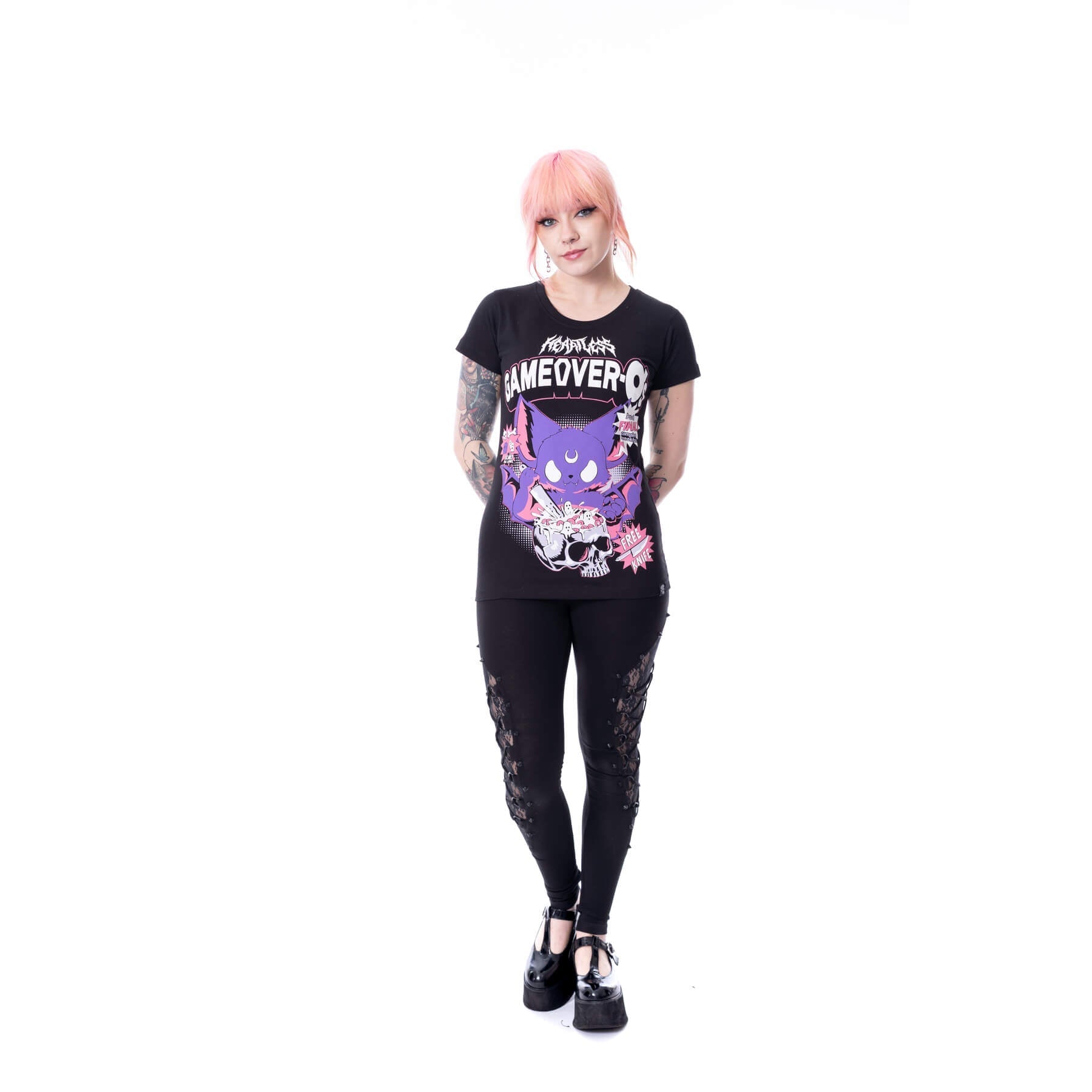 Heartless Game Over O’s T-Shirt – Black Gothic Cat Graphic Tee | Alternative Streetwear - Rockinredfox