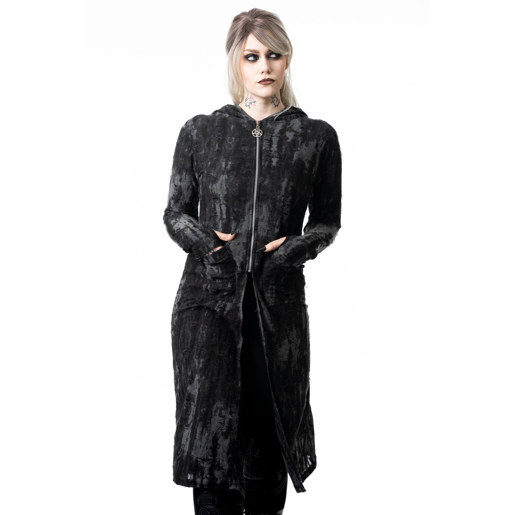 Heartless Ghoul Cardigan – Black Grey Gothic Hooded Long Cardigan | Alternative Grunge Coat - Rockinredfox
