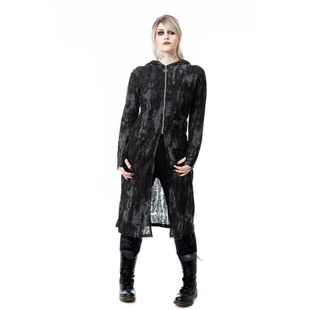 Heartless Ghoul Cardigan – Black Grey Gothic Hooded Long Cardigan | Alternative Grunge Coat - Rockinredfox