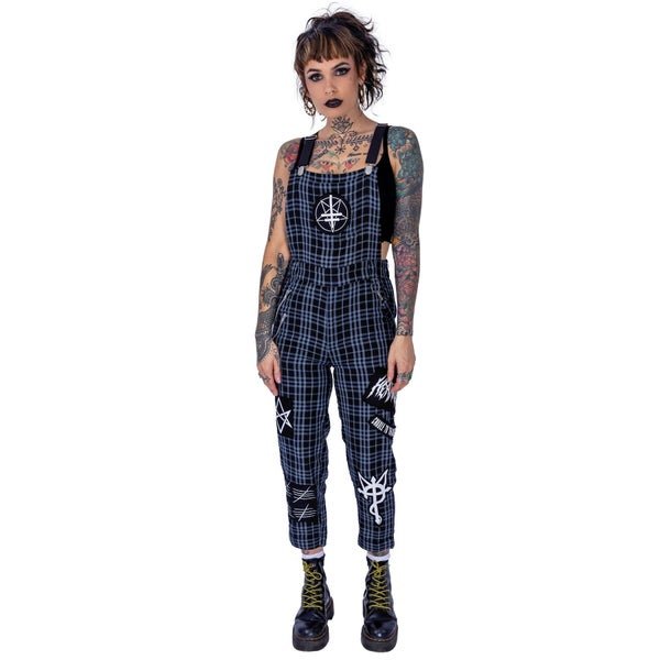Heartless Grimoire Dungarees – Grey Check Gothic Overalls | Alternative Streetwear - Rockinredfox