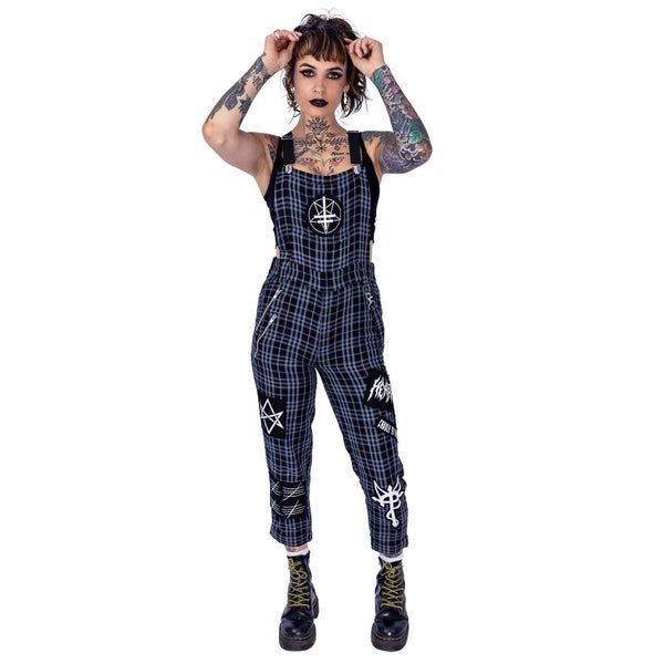 Heartless Grimoire Dungarees – Grey Check Gothic Overalls | Alternative Streetwear - Rockinredfox