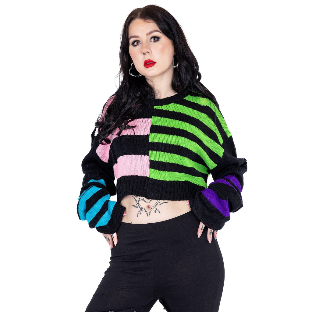 Heartless Layla Top – Multi Colour Striped Cropped Jumper | Alternative Grunge Knit - Rockinredfox