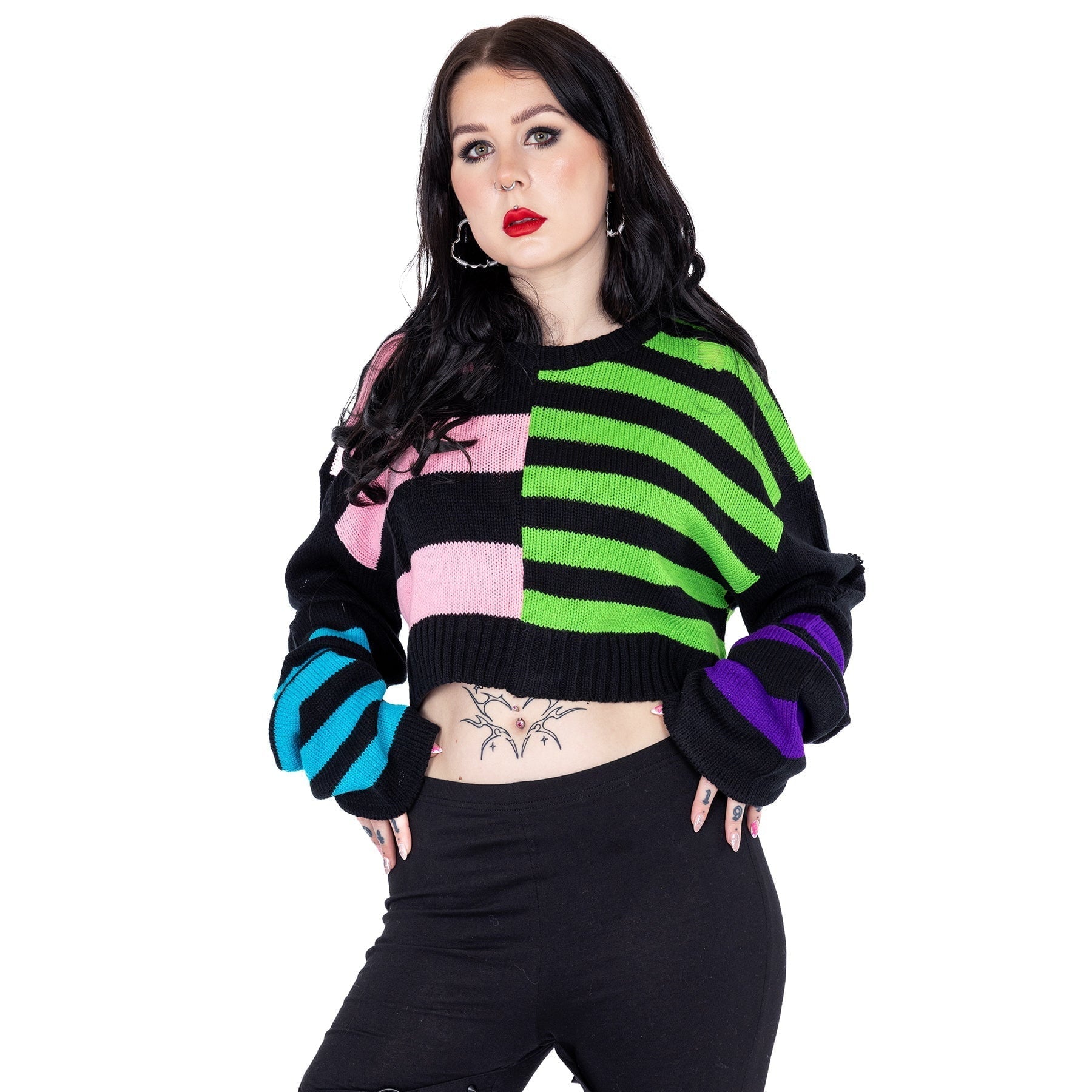 Heartless Layla Top – Multi Colour Striped Cropped Jumper | Alternative Grunge Knit - Rockinredfox