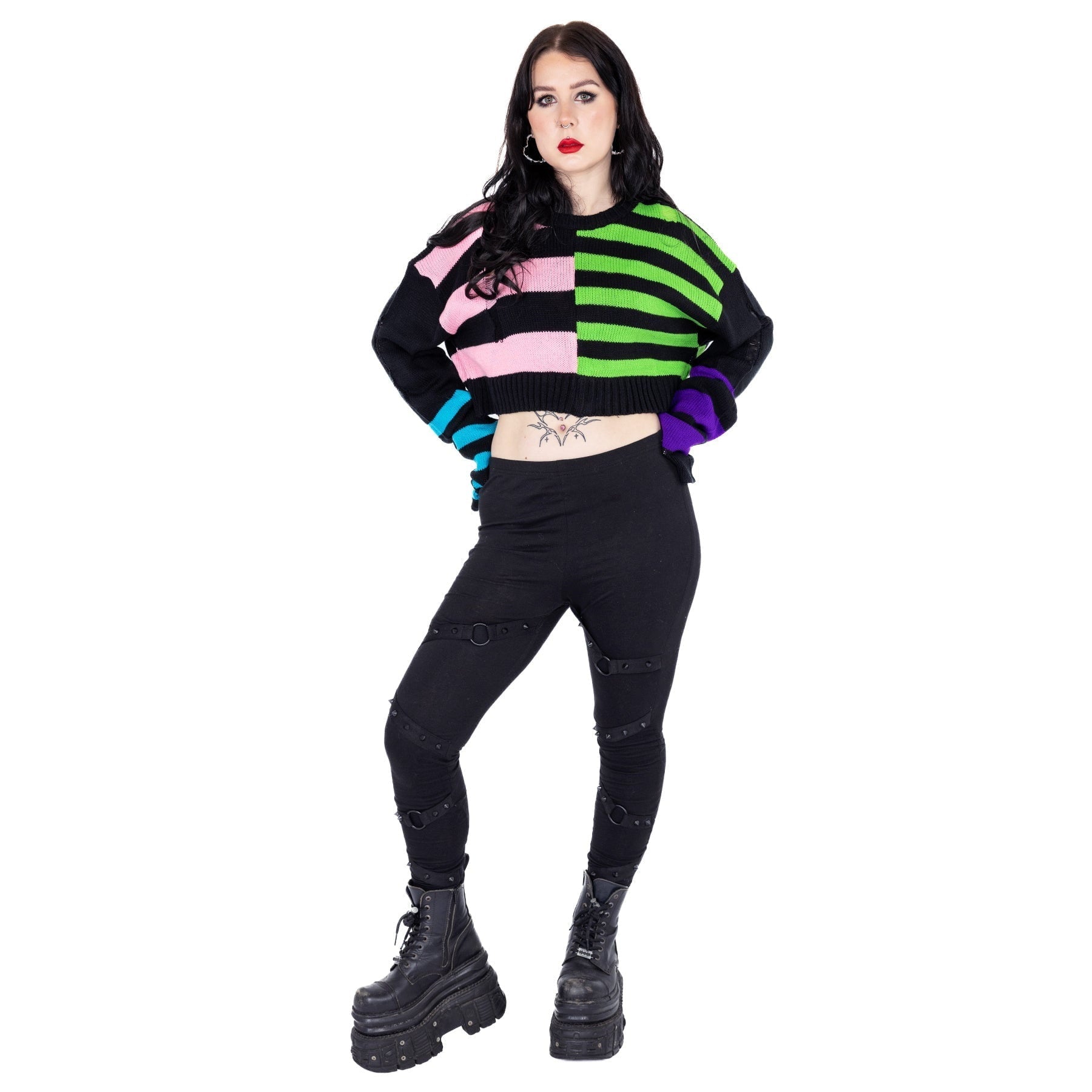 Heartless Layla Top – Multi Colour Striped Cropped Jumper | Alternative Grunge Knit - Rockinredfox