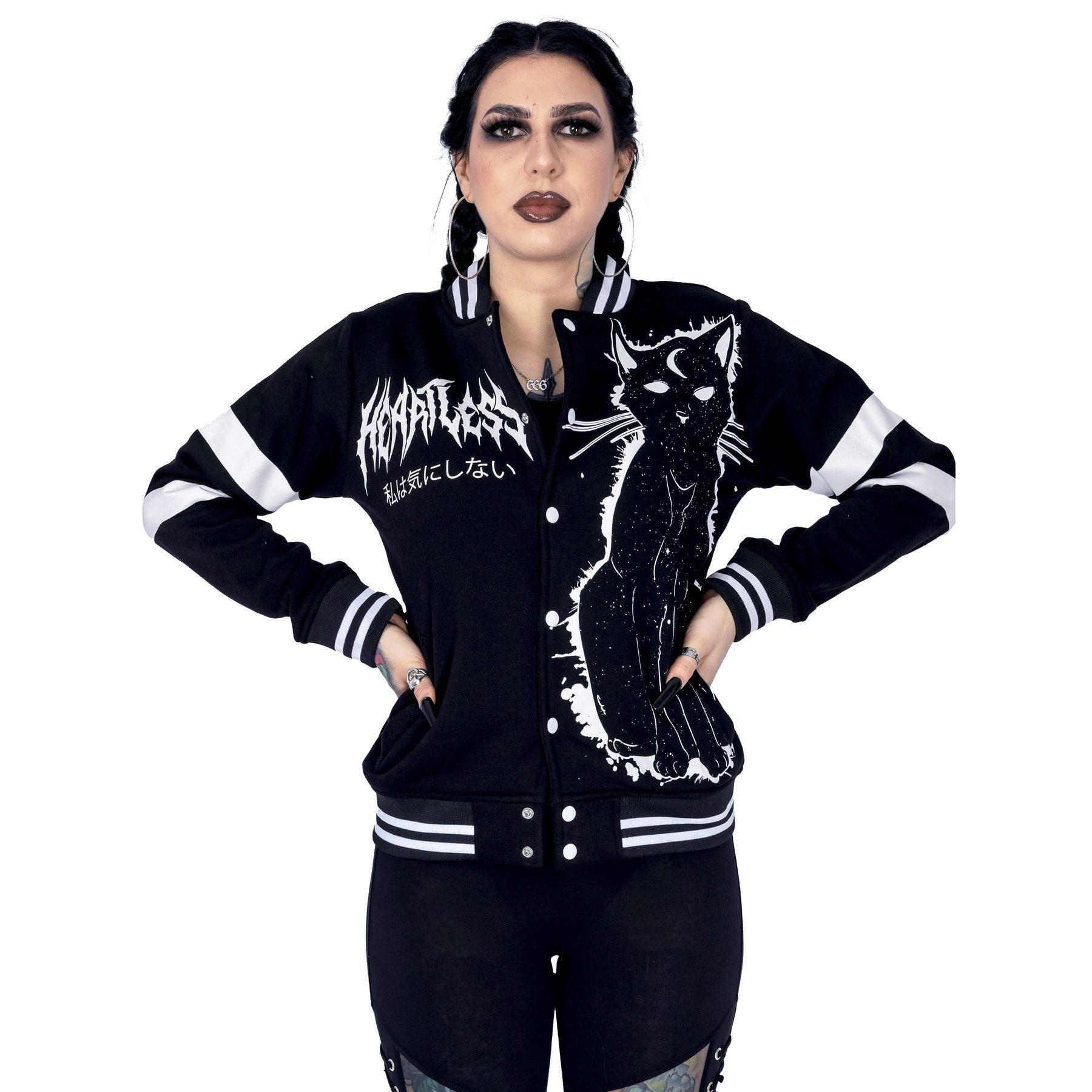 Heartless Moon Kitty Varsity Jacket Black White Gothic Cat Bomber - Rockinredfox