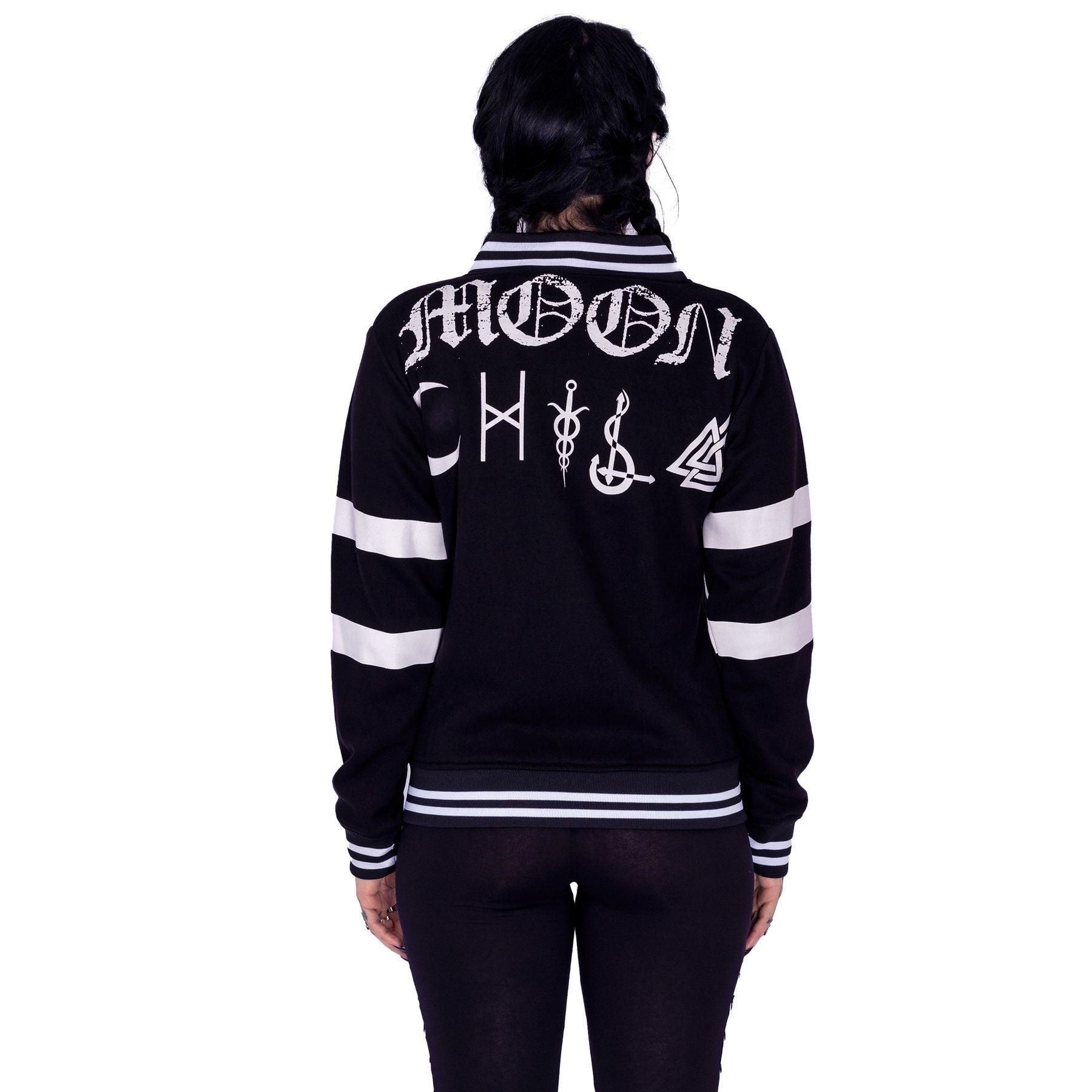 Heartless Moon Kitty Varsity Jacket Black White Gothic Cat Bomber - Rockinredfox