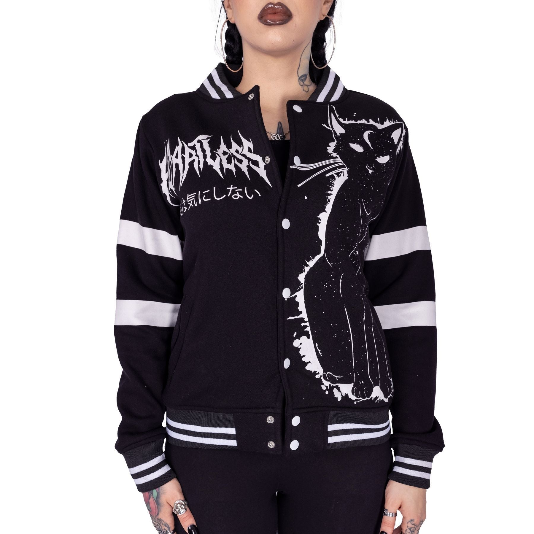 Heartless Moon Kitty Varsity Jacket Black White Gothic Cat Bomber - Rockinredfox