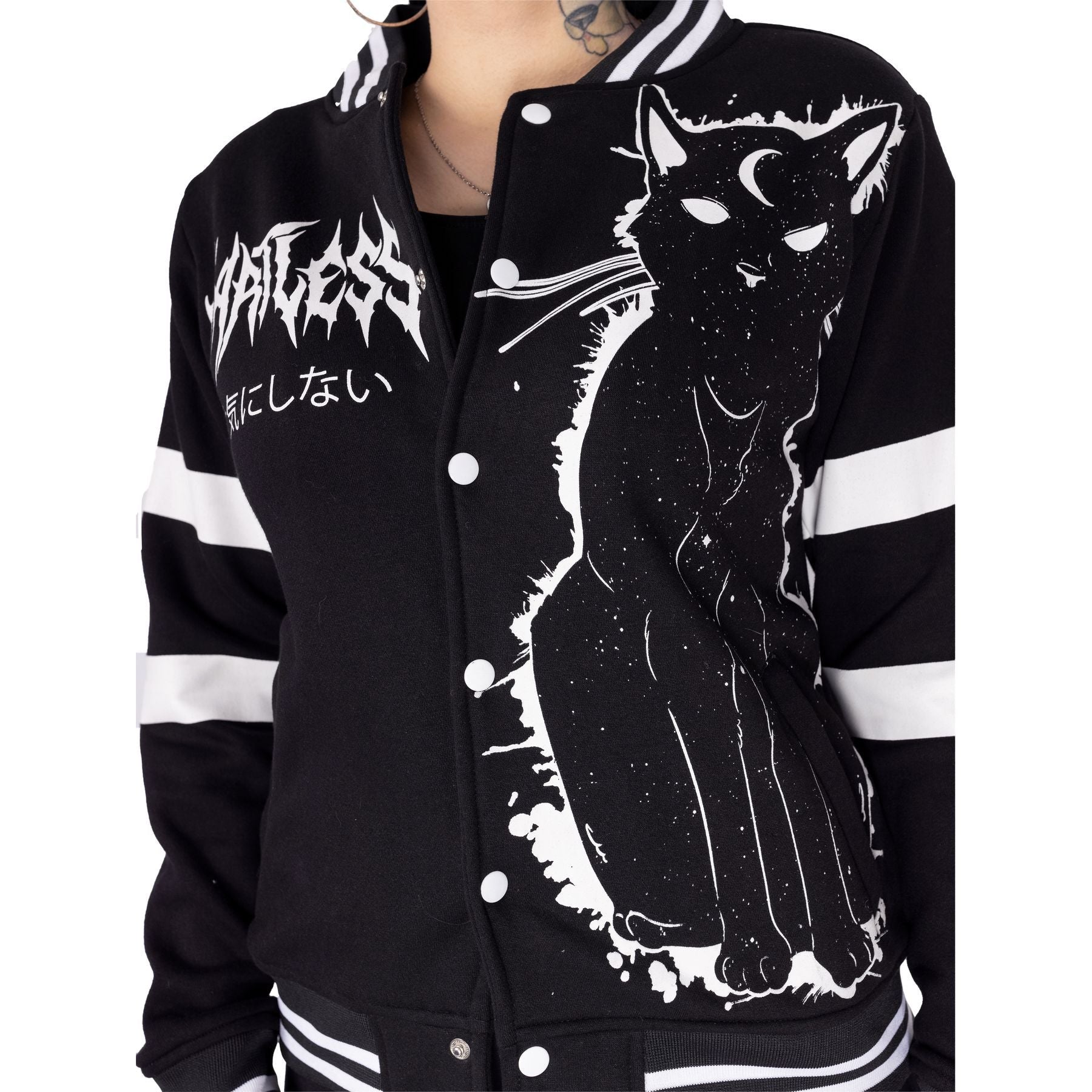 Heartless Moon Kitty Varsity Jacket Black White Gothic Cat Bomber - Rockinredfox