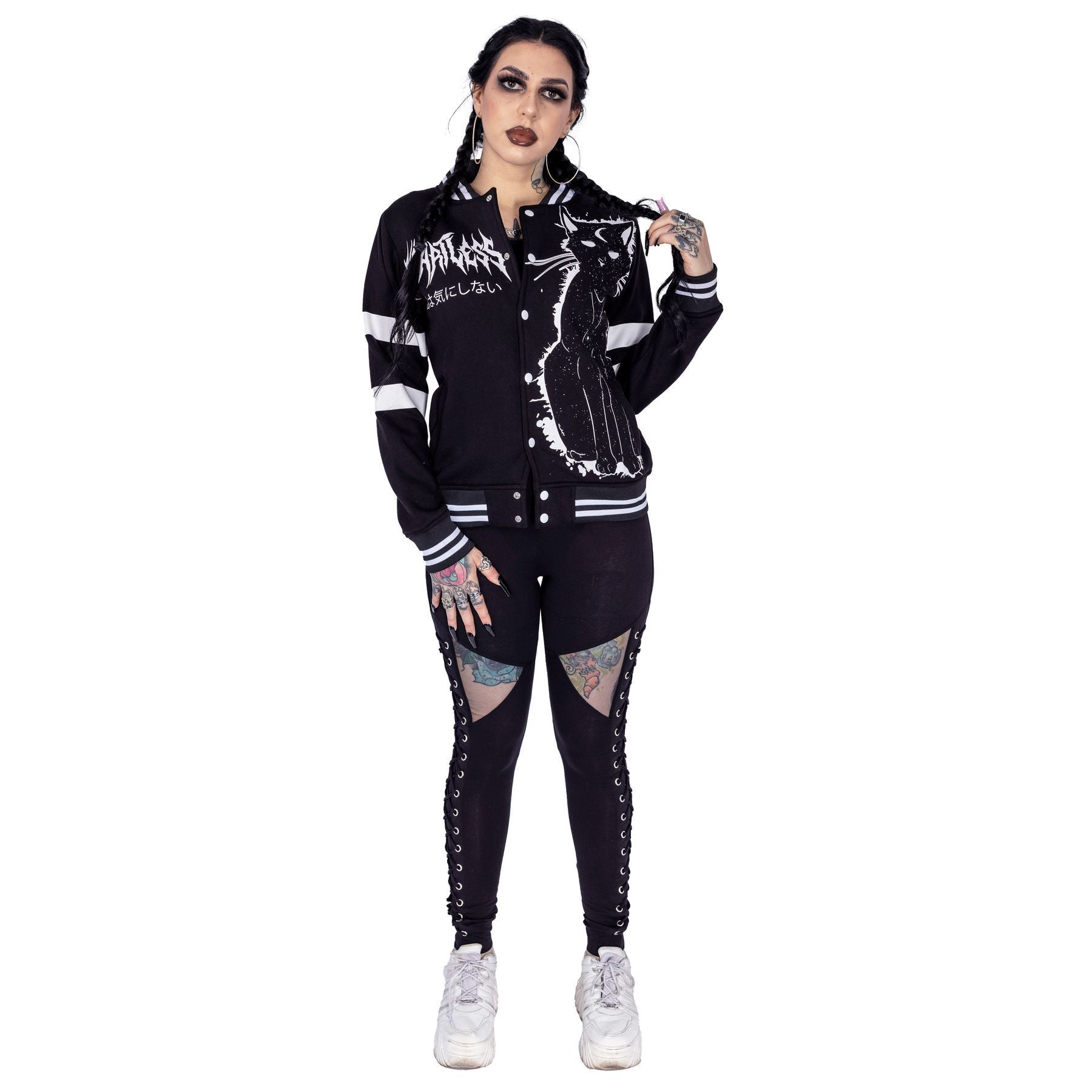 Heartless Moon Kitty Varsity Jacket Black White Gothic Cat Bomber - Rockinredfox
