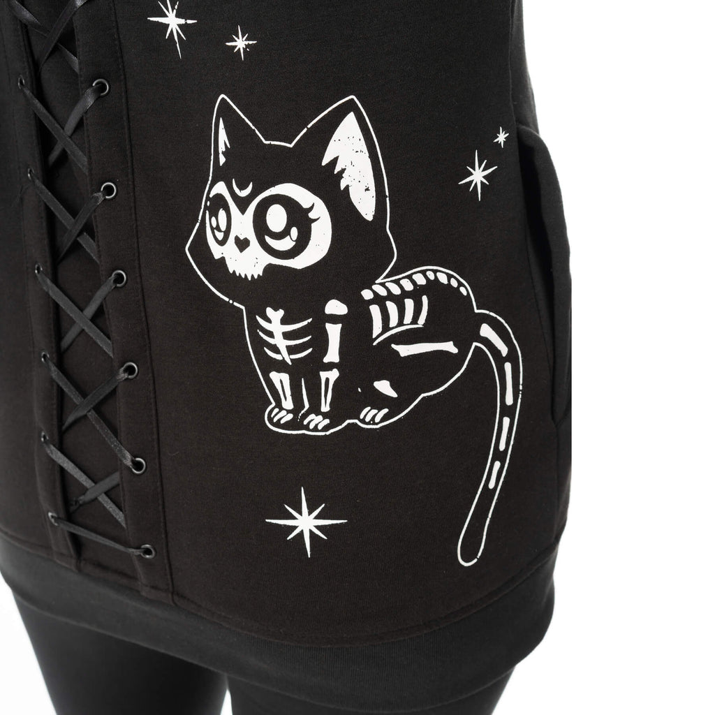 Heartless Moonlight Hood Black Gothic Cat Skeleton Zip Hoodie - Rockinredfox
