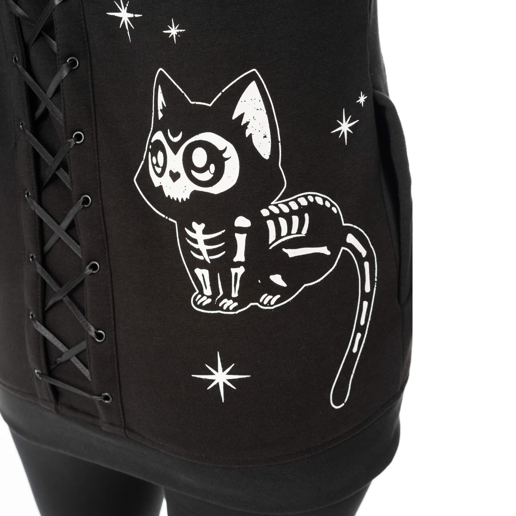 Heartless Moonlight Hood Black Gothic Cat Skeleton Zip Hoodie - Rockinredfox
