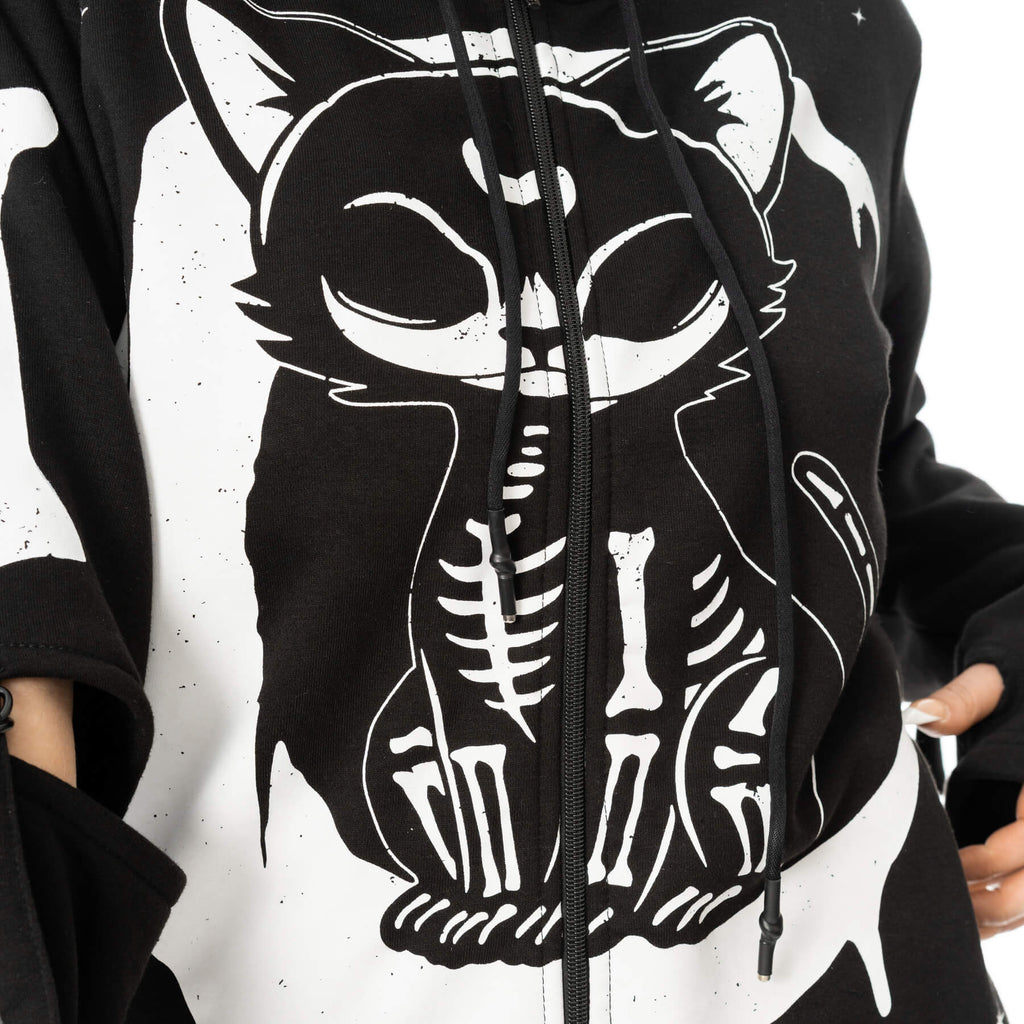 Heartless Moonlight Hood Black Gothic Cat Skeleton Zip Hoodie - Rockinredfox
