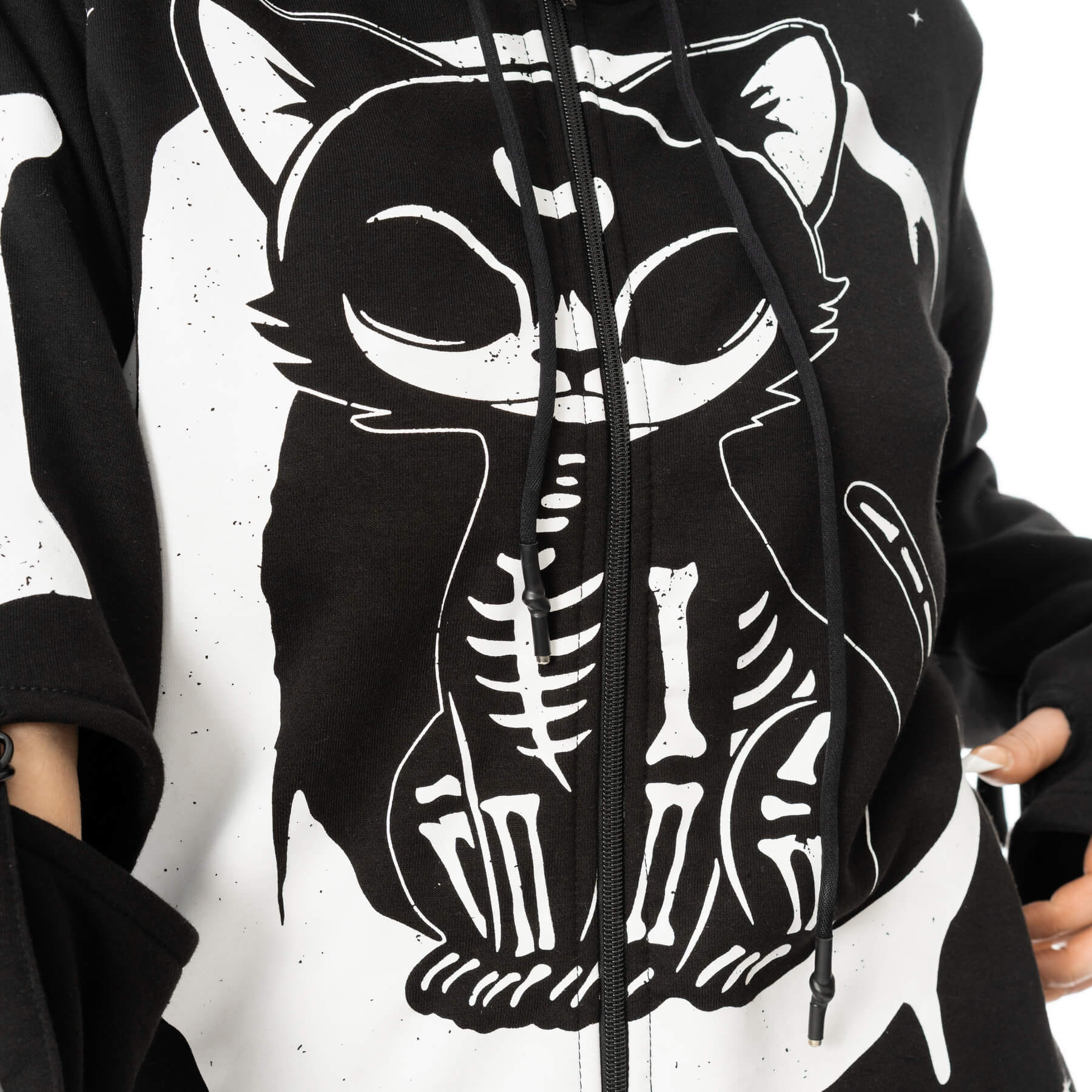 Heartless Moonlight Hood Black Gothic Cat Skeleton Zip Hoodie - Rockinredfox