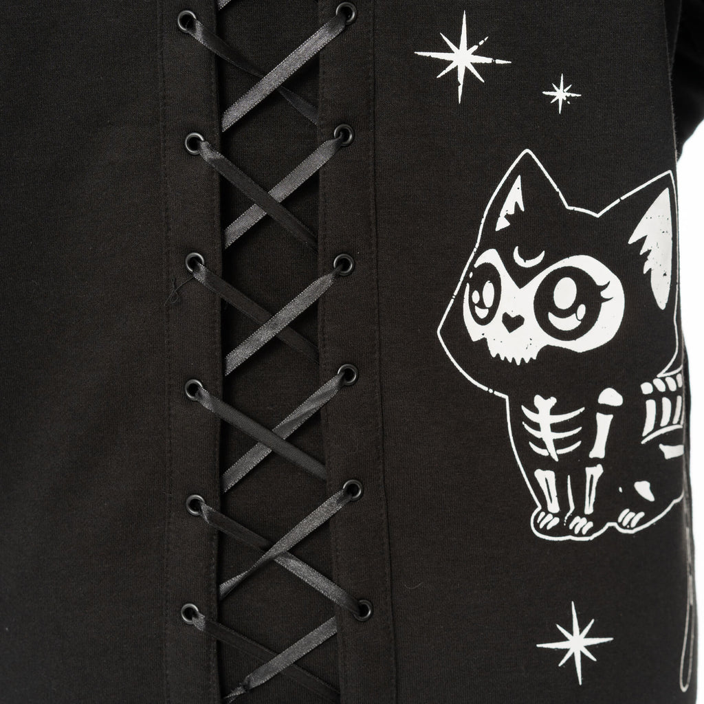 Heartless Moonlight Hood Black Gothic Cat Skeleton Zip Hoodie - Rockinredfox