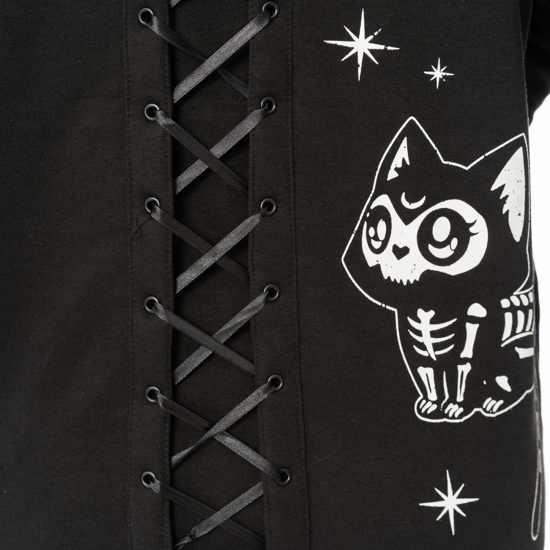 Heartless Moonlight Hood Black Gothic Cat Skeleton Zip Hoodie - Rockinredfox