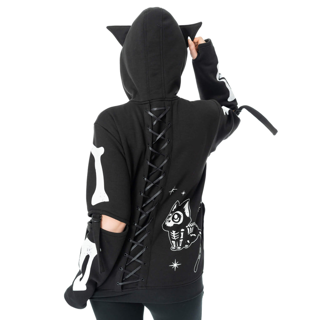 Heartless Moonlight Hood Black Gothic Cat Skeleton Zip Hoodie - Rockinredfox