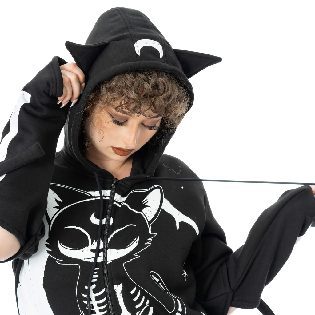 Heartless Moonlight Hood Black Gothic Cat Skeleton Zip Hoodie - Rockinredfox