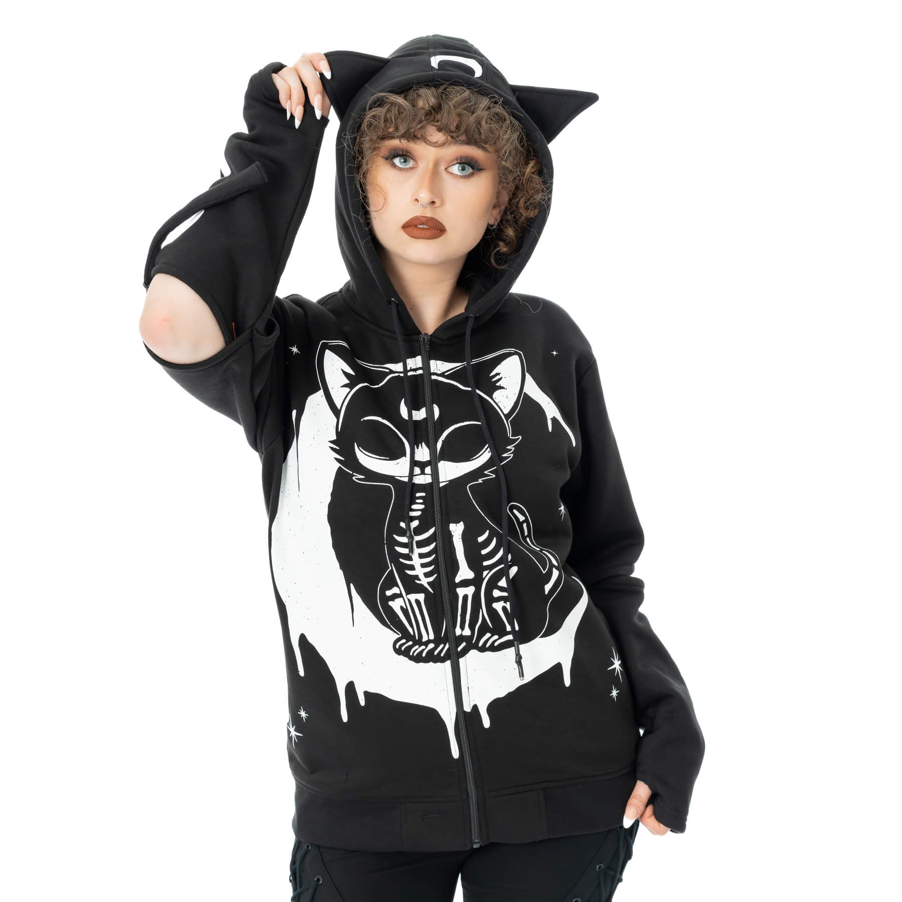 Heartless Moonlight Hood Black Gothic Cat Skeleton Zip Hoodie - Rockinredfox