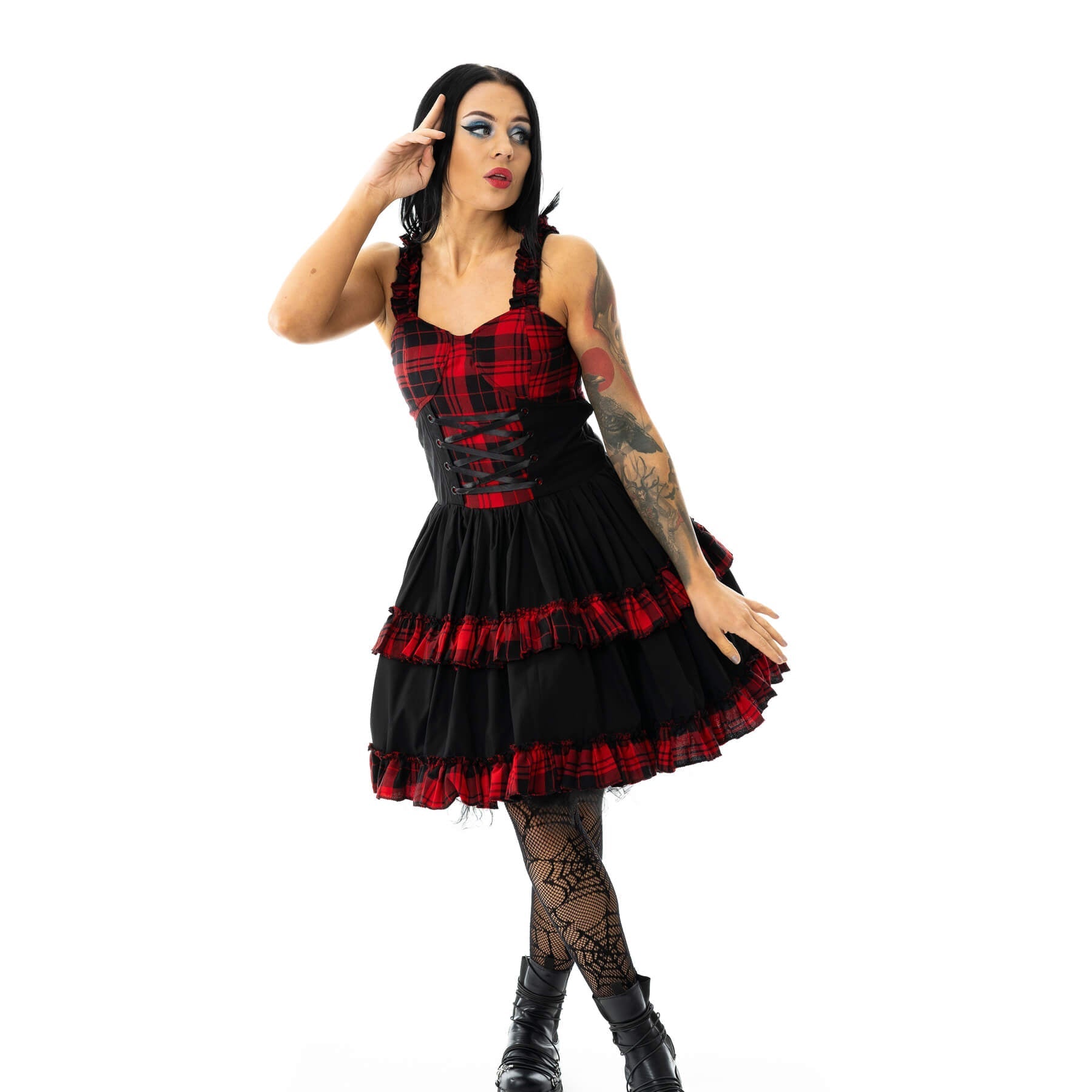 Heartless Parisa Dress – Red Tartan Corset Gothic Dress | Punk Alternative Skater Dress - Rockinredfox