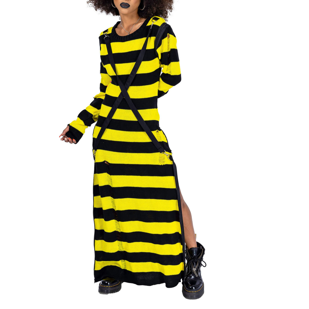 Heartless Petunia Dress – Black & Yellow Striped Gothic Maxi Dress | Alternative Grunge Knit - Rockinredfox