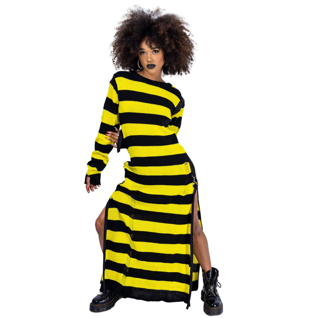 Heartless Petunia Dress – Black & Yellow Striped Gothic Maxi Dress | Alternative Grunge Knit - Rockinredfox