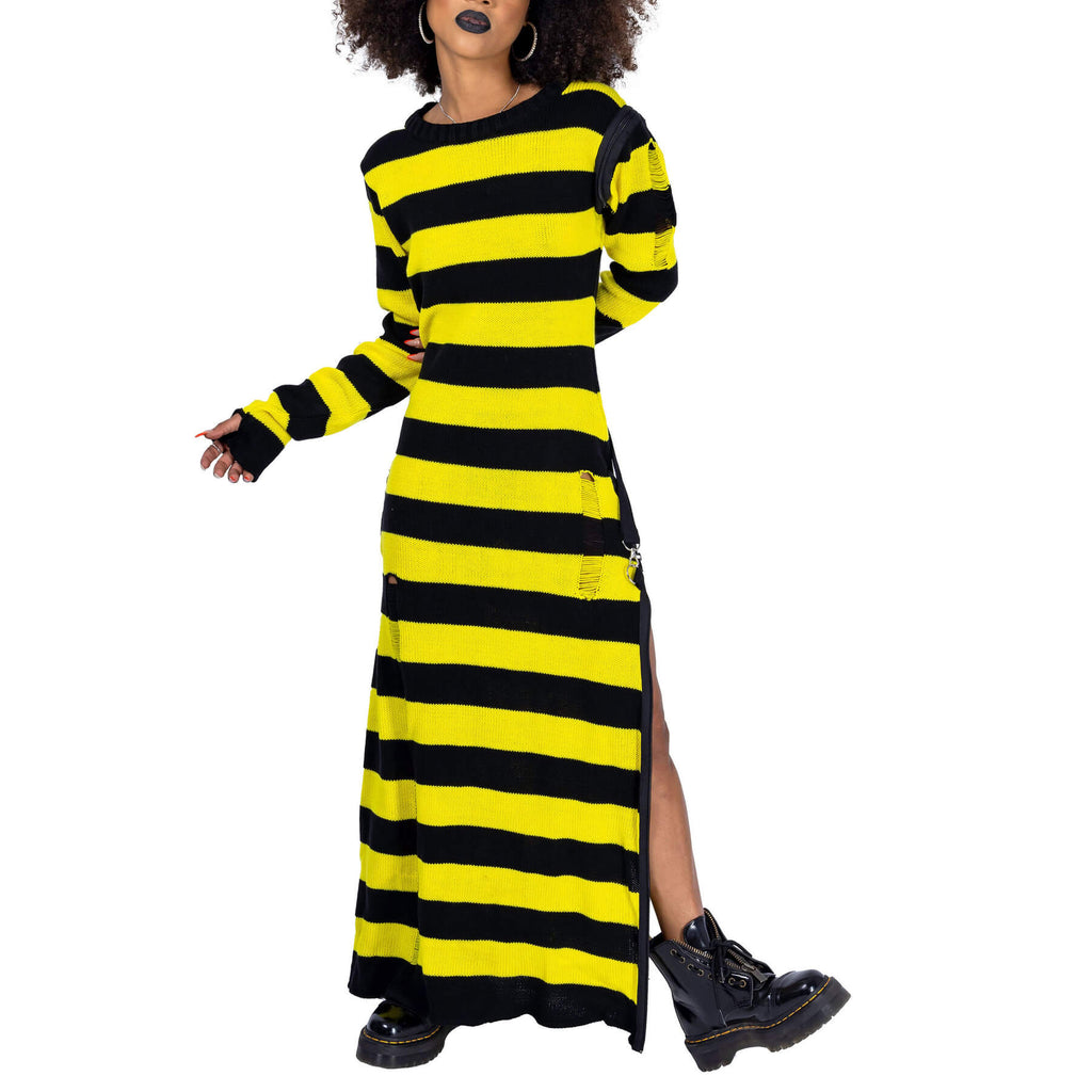Heartless Petunia Dress – Black & Yellow Striped Gothic Maxi Dress | Alternative Grunge Knit - Rockinredfox