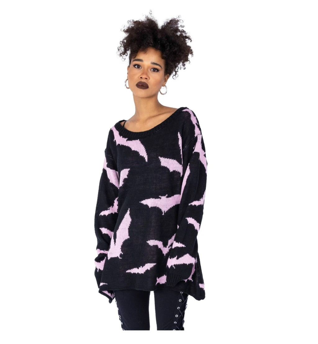 Heartless Rule The Night Jumper Black Pink Bat Knit Alternative Jumper - Rockinredfox