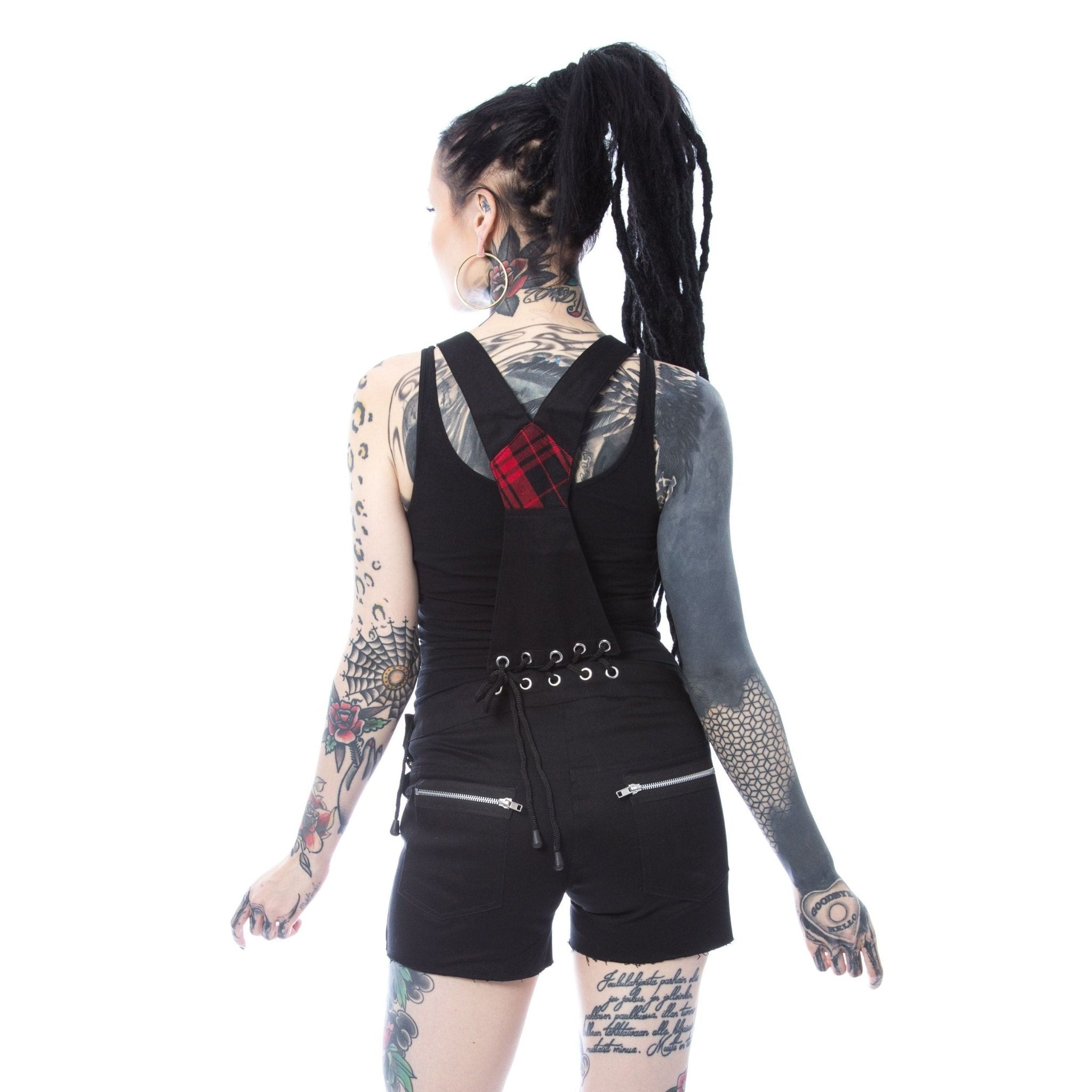 Heartless Sasha Dungarees Black Red Tartan Gothic Punk Lace Up Short Overalls - Rockinredfox