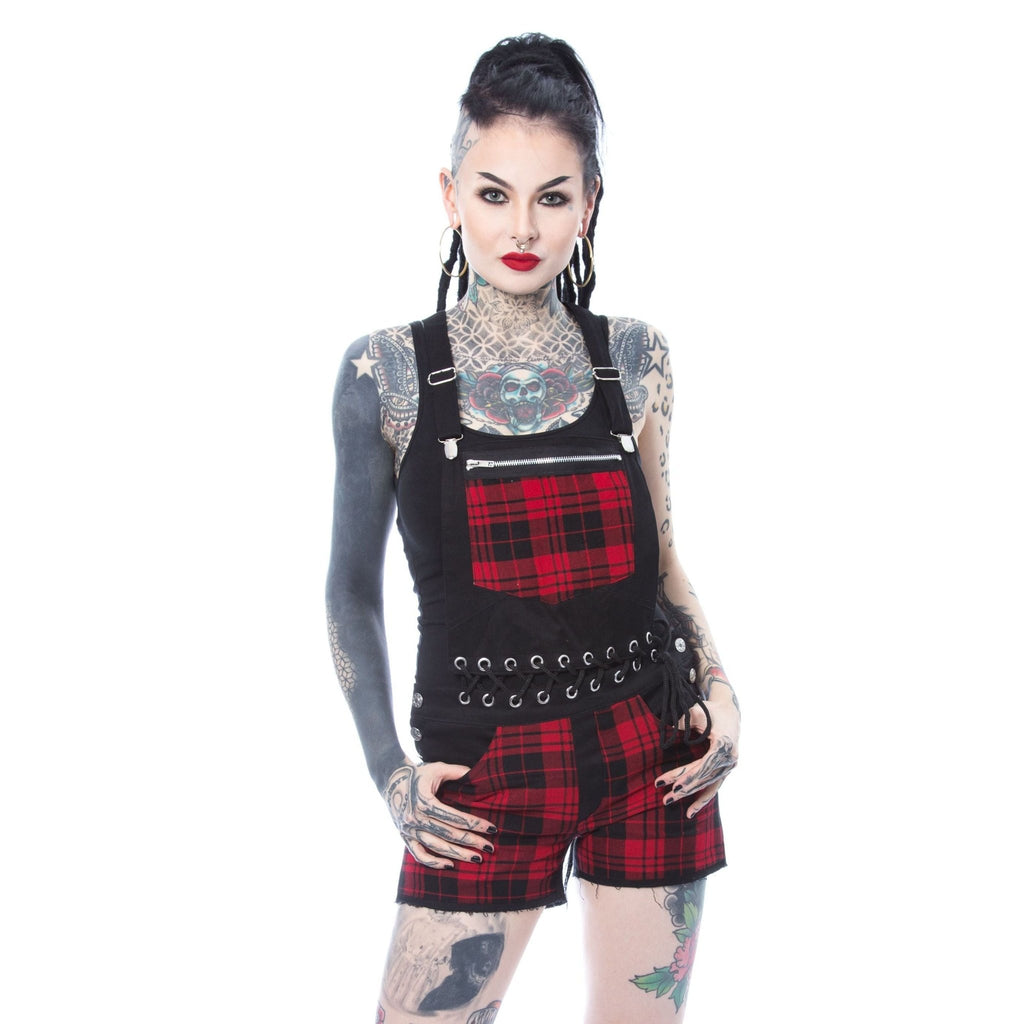 Heartless Sasha Dungarees Black Red Tartan Gothic Punk Lace Up Short Overalls - Rockinredfox