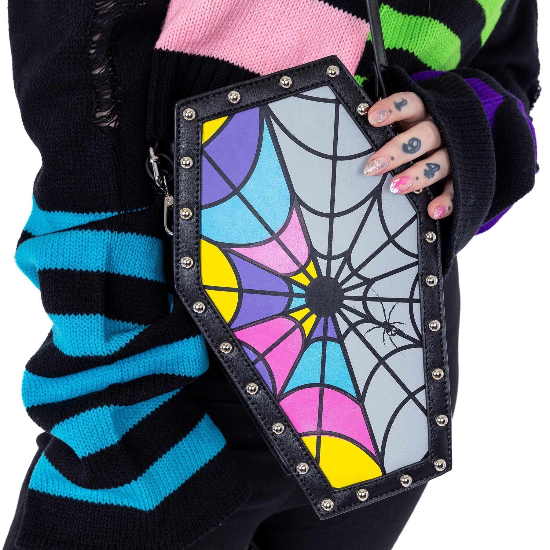 Heartless Shard Coffin Bag Multi Pastel Spiderweb Gothic Shoulder Bag - Rockinredfox