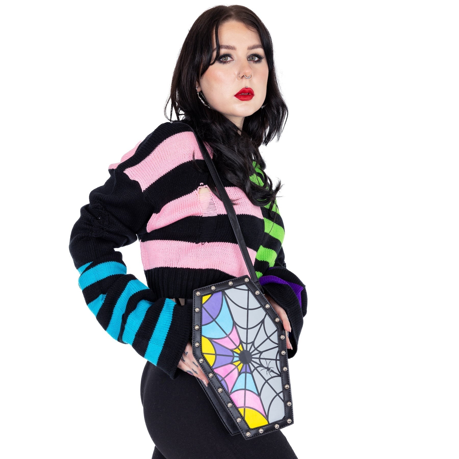 Heartless Shard Coffin Bag Multi Pastel Spiderweb Gothic Shoulder Bag - Rockinredfox
