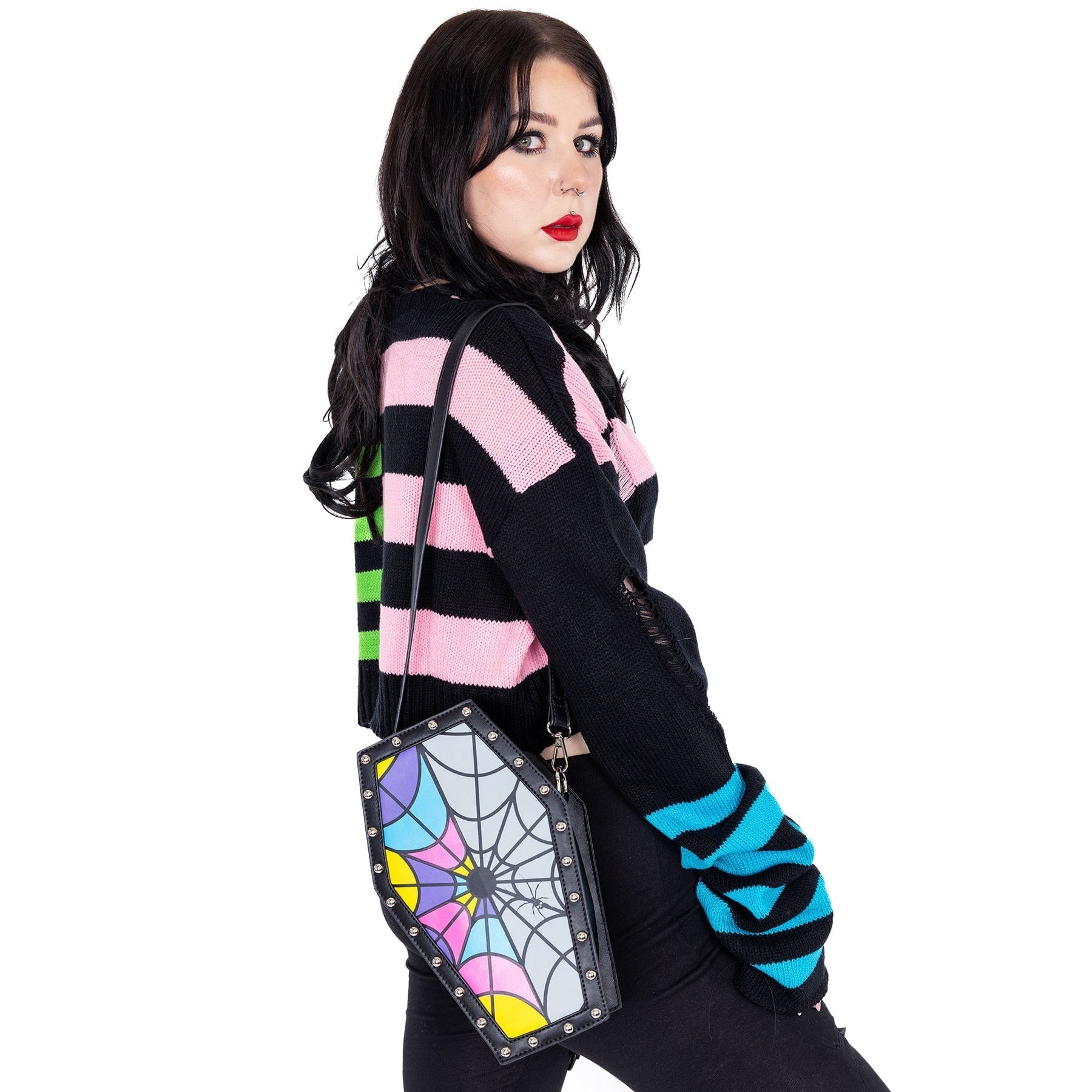 Heartless Shard Coffin Bag Multi Pastel Spiderweb Gothic Shoulder Bag - Rockinredfox
