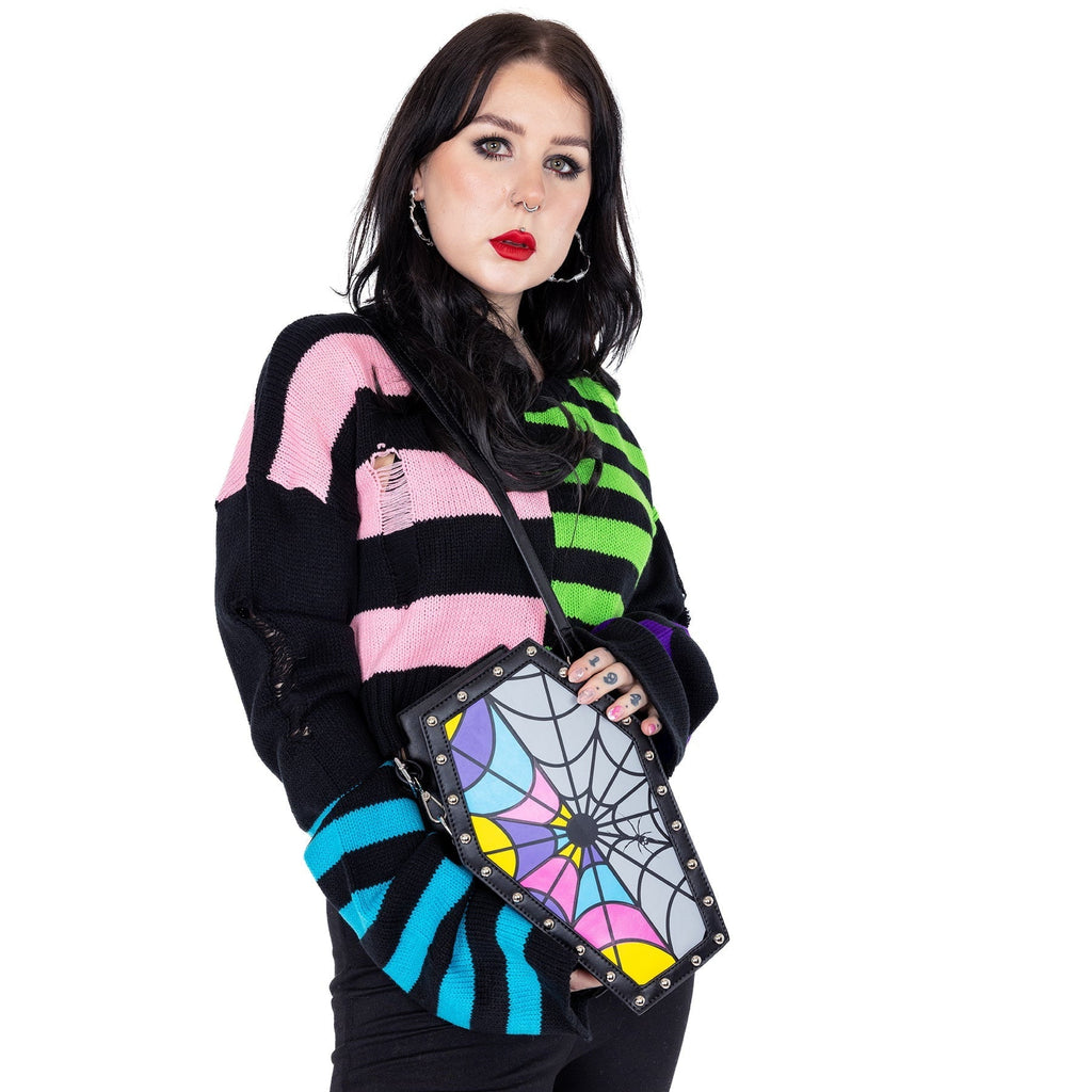 Heartless Shard Coffin Bag Multi Pastel Spiderweb Gothic Shoulder Bag - Rockinredfox
