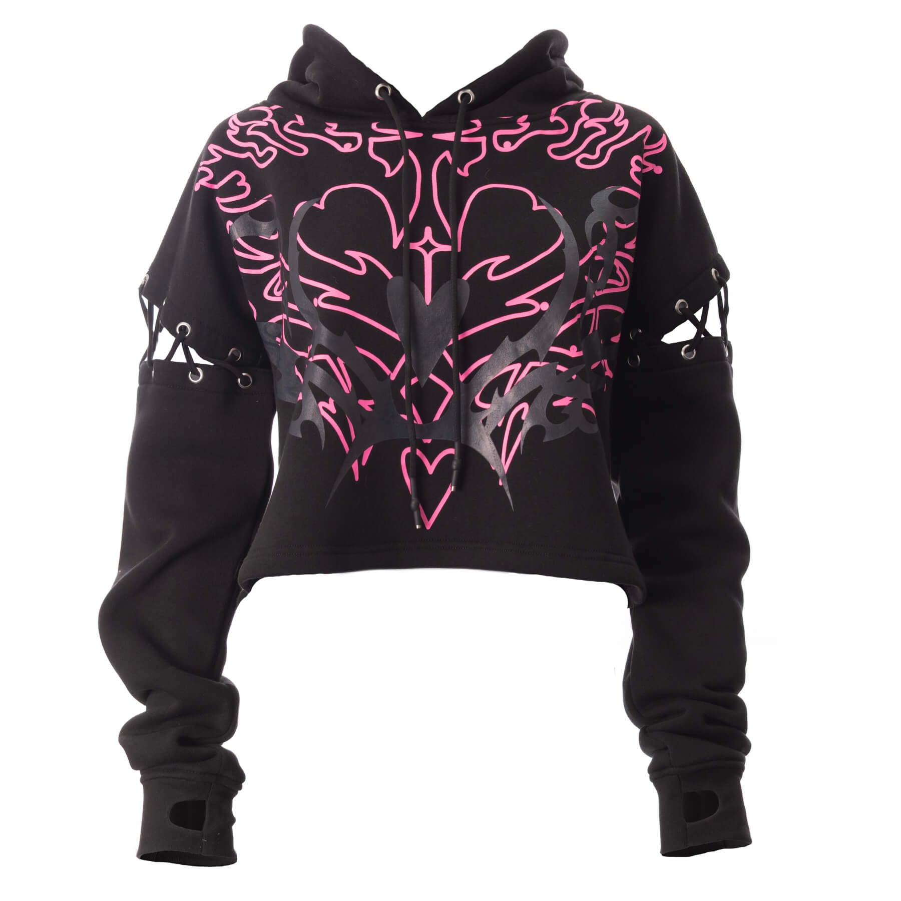 Heartless Thornchant Hood Black Gothic Tribal Heart Cropped Hoodie - Rockinredfox