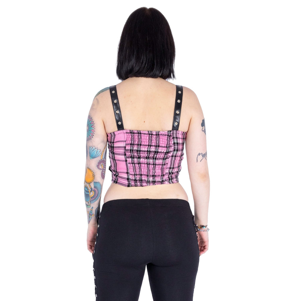 Heartless Thyra Top Pink Tartan Corset Crop Top Gothic Punk Zip Front - Rockinredfox